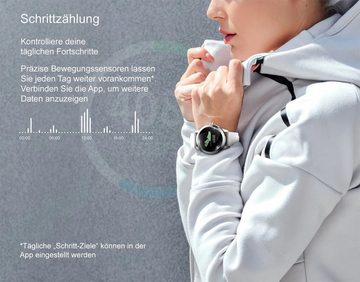 TPFNet SW31 mit Kunstleder Armband für Damen - individuelles Display Smartwatch (Android), Armbanduhr mit Musiksteuerung, Herzfrequenz, Schrittzähler, Kalorien etc. - Silber / Weiß