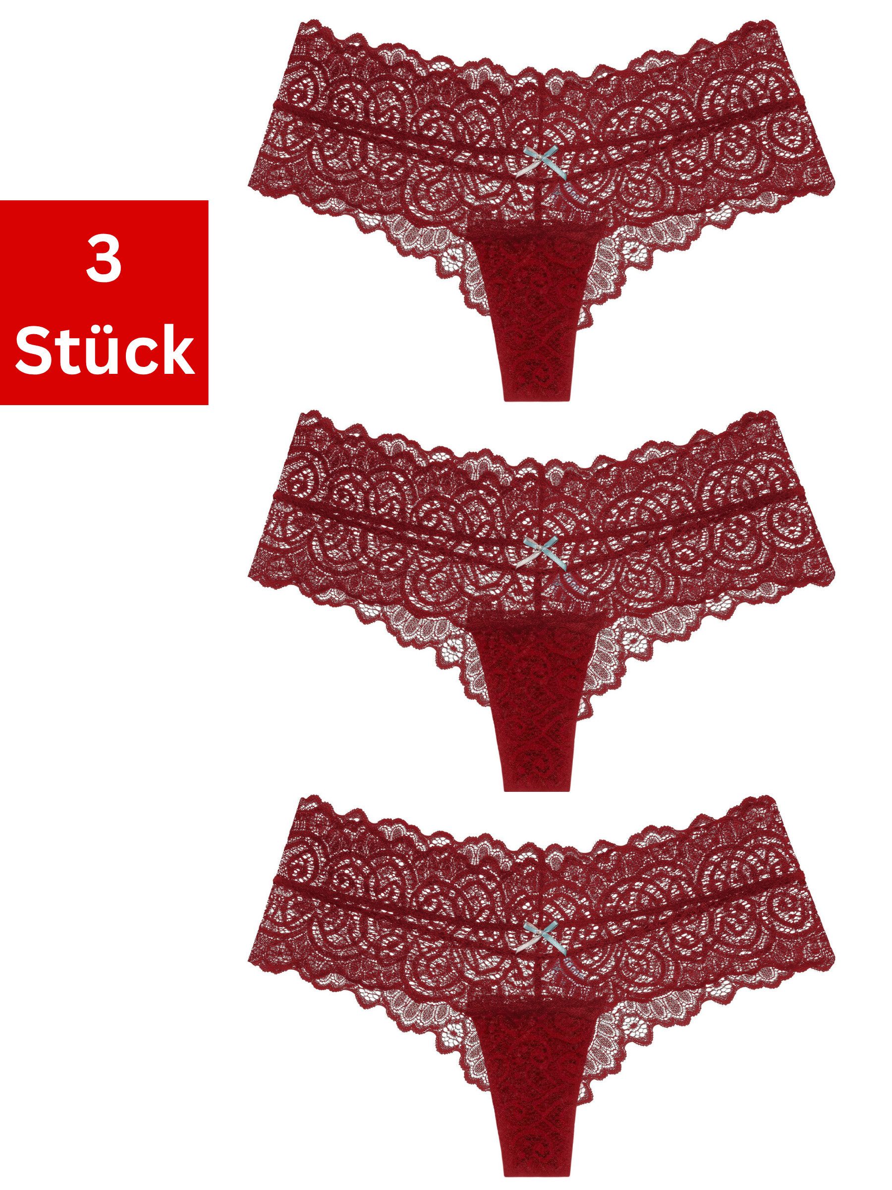 Elegant Love Tangaslip Sexy Damen Dessous, Slip, Panties, Unterwäsche in Spitzenoptik (Packung, 3-St., 3er-Pack) Tanga / V-String mit Schleife – feminines Lingerie-Höschen aus Spitze