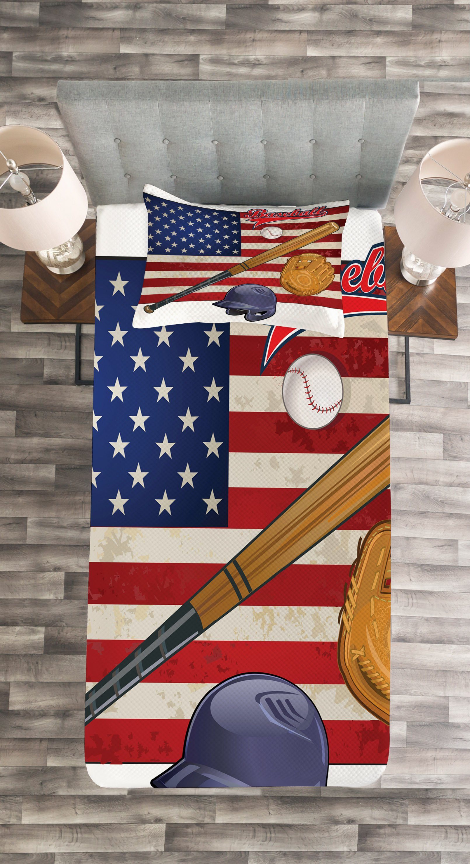 Tagesdecke Set mit Kissenbezügen Waschbar, amerikanisch Abakuhaus, Baseball und USA-Flagge