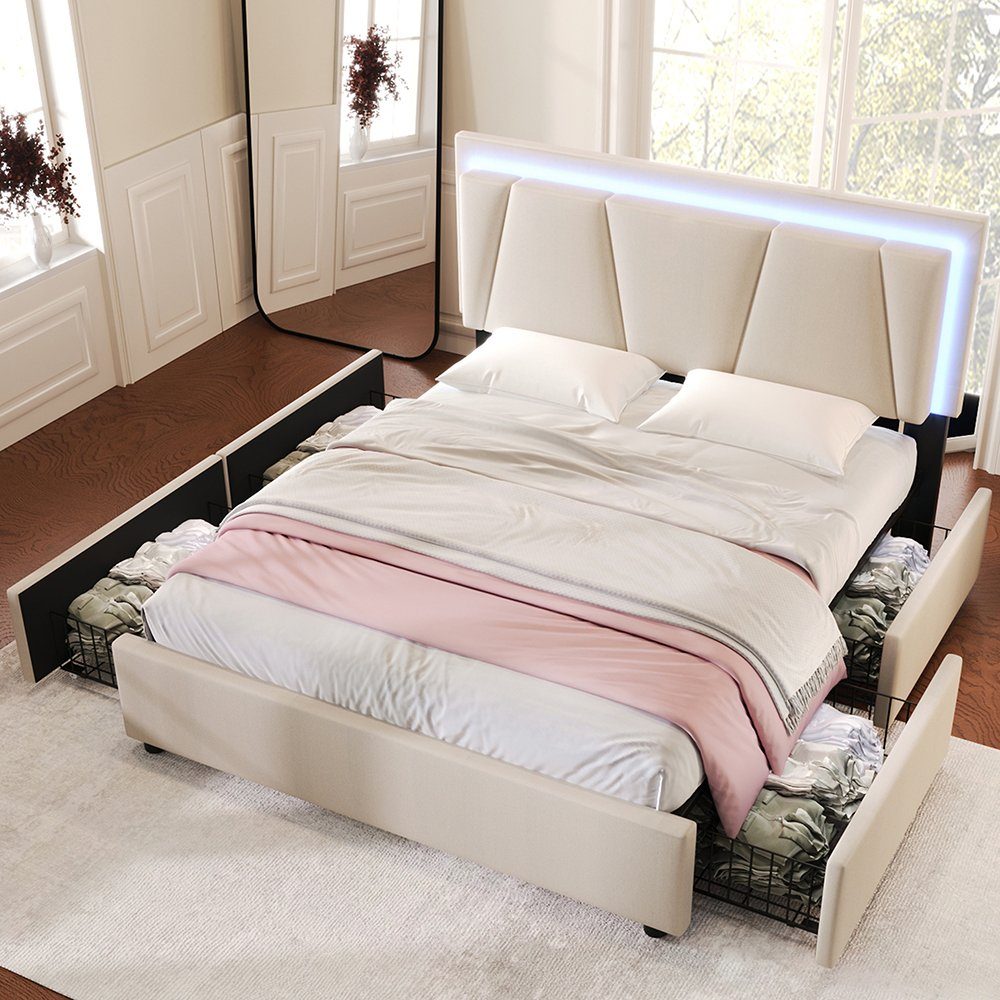 Polsterbett (Stauraumbett, Höhenverstellbares Kopfteil), Doppelbett 160x200cm mit LED-Beleuchtung und 4 Schubladen