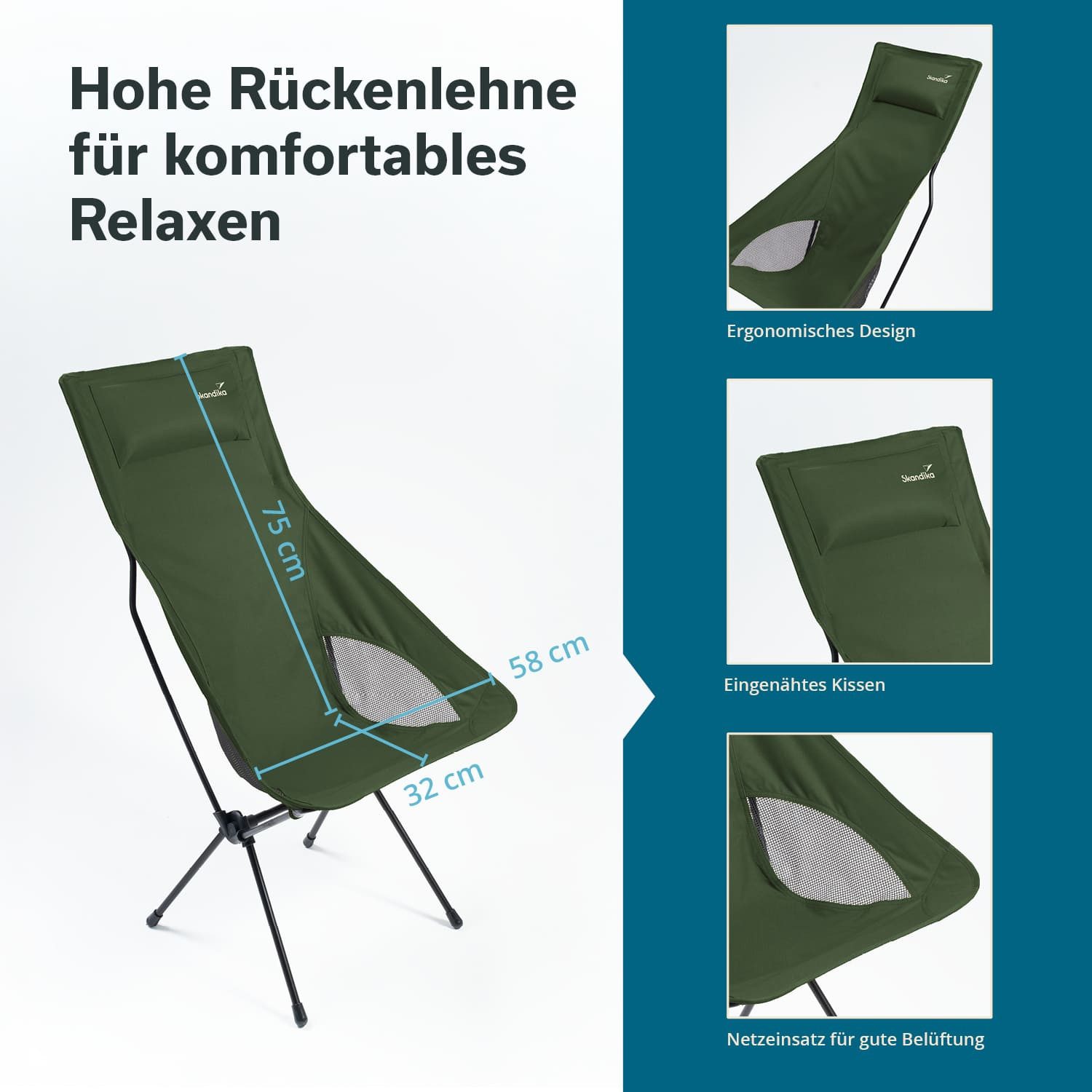 Skandika Campingstuhl Solig, bis 120 kg belastbar, Stahlrahmen, Mesh-Einsätze (Tragetasche mit Reißverschluss und Aufhängeschlaufe), Klappstühle, Tragetasche mit Reißverschluss und Aufhängeschlaufe