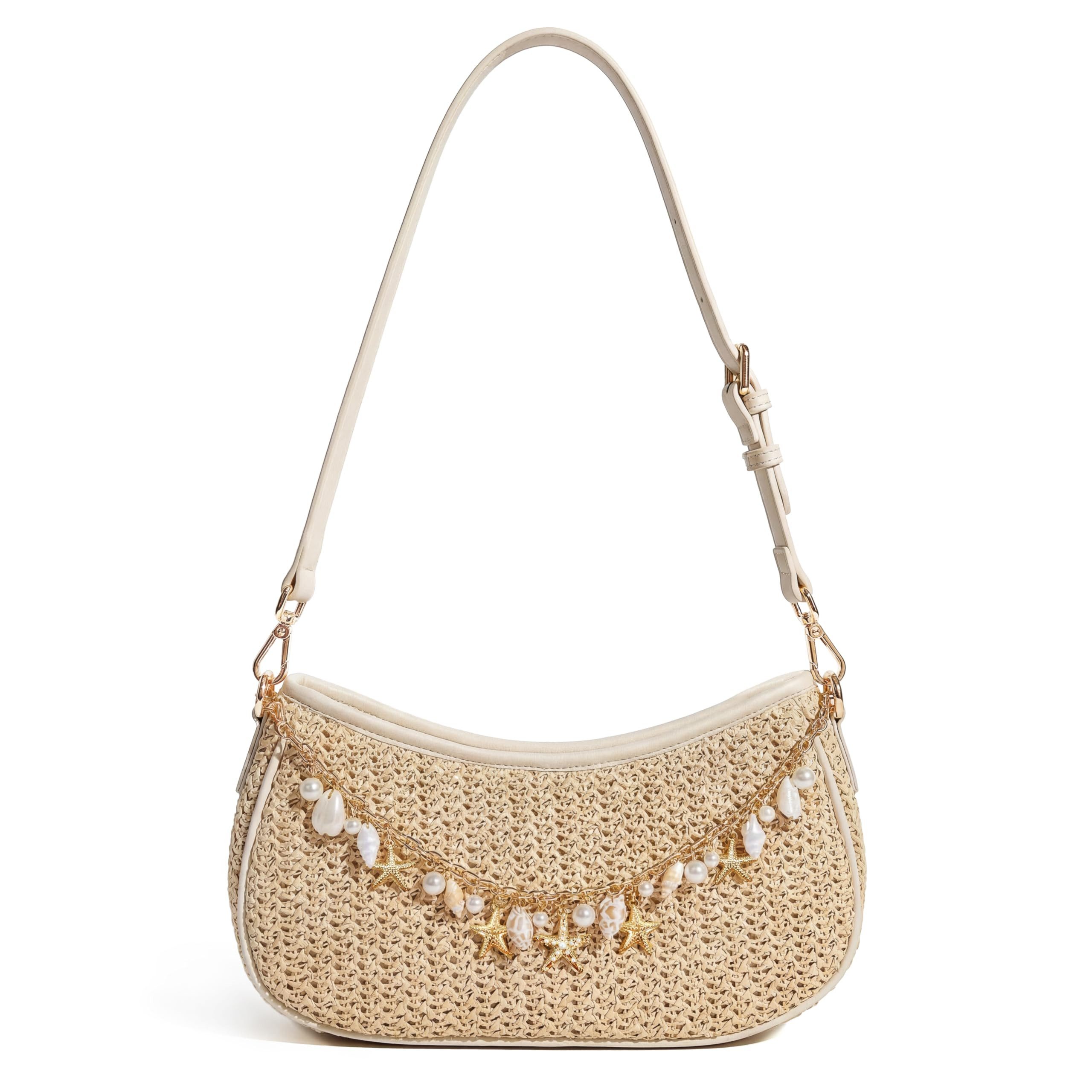 nsihing Schultertasche Schultertasche Damen Stroh, Geflochtene Basttasche Boho, Mit Anhängerkette, Verstellbarem Gurt für Strand & Urlaub