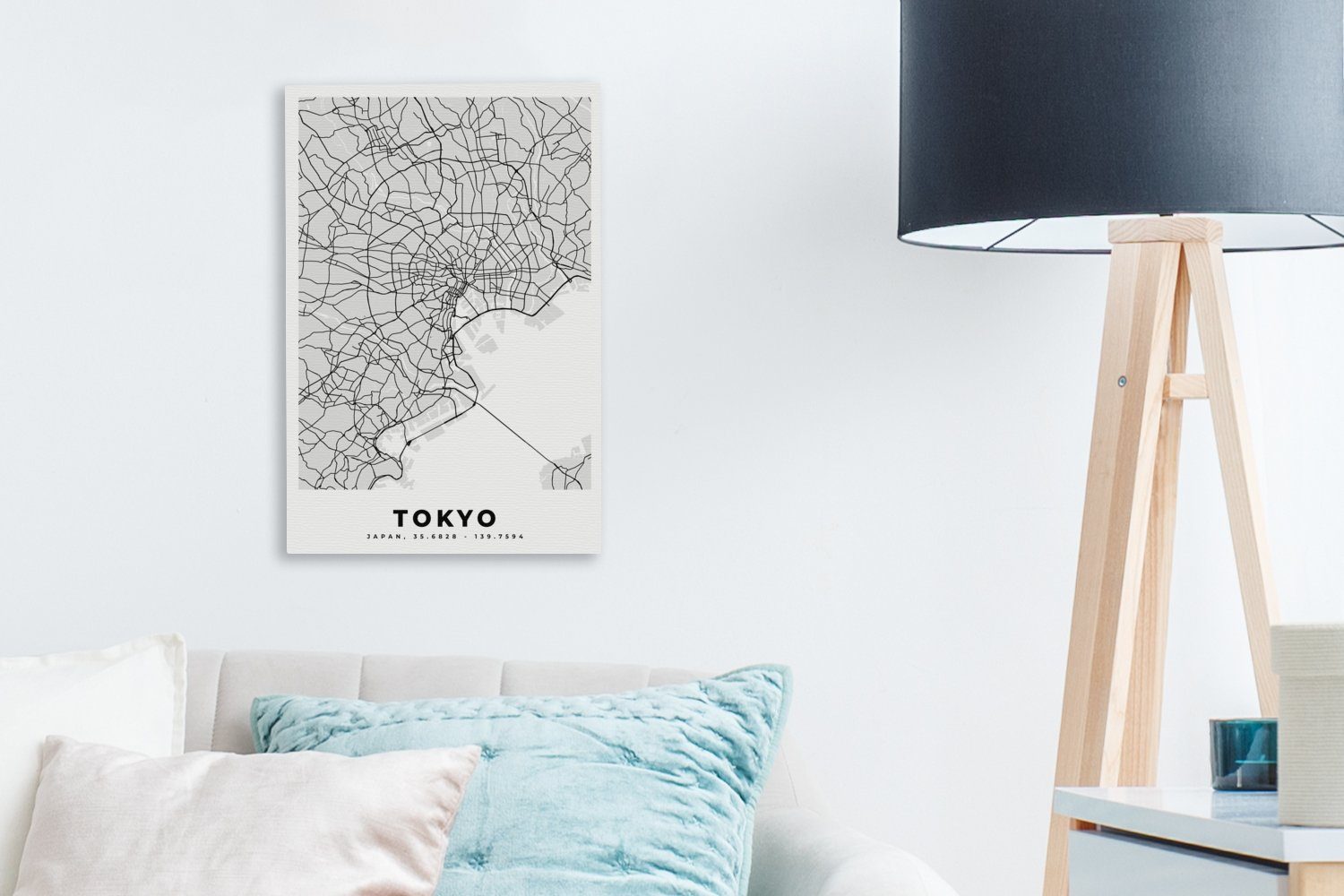 Stadtplan weiß Tokio bespannt - fertig (1 inkl. und Zackenaufhänger, Leinwandbild Gemälde, Karte, Schwarz - OneMillionCanvasses® St), - 20x30 Leinwandbild cm