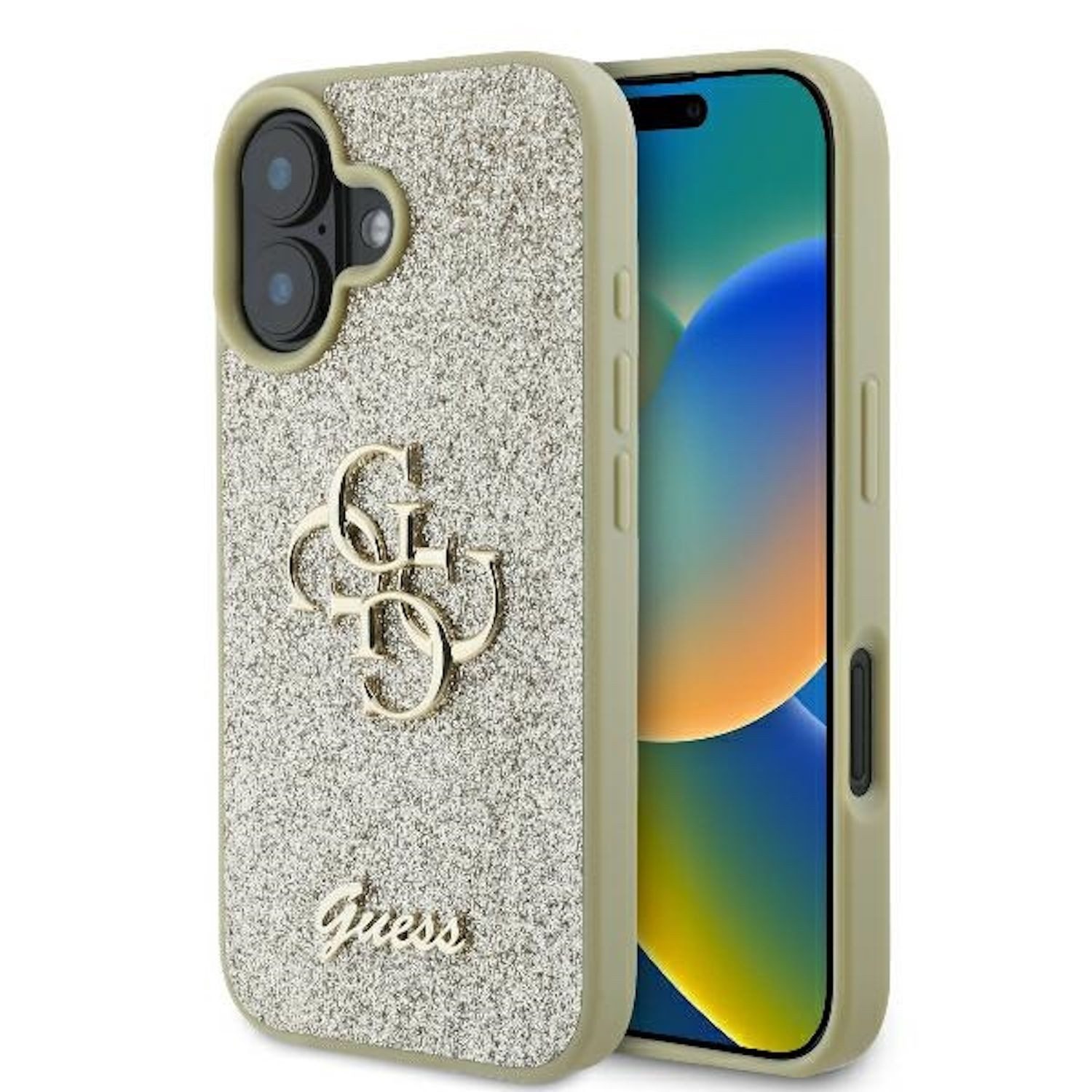 Guess Smartphone-Hülle GUESS Apple iPhone 16 Plus Fixed Glitter Big 4G Design Hülle Gold