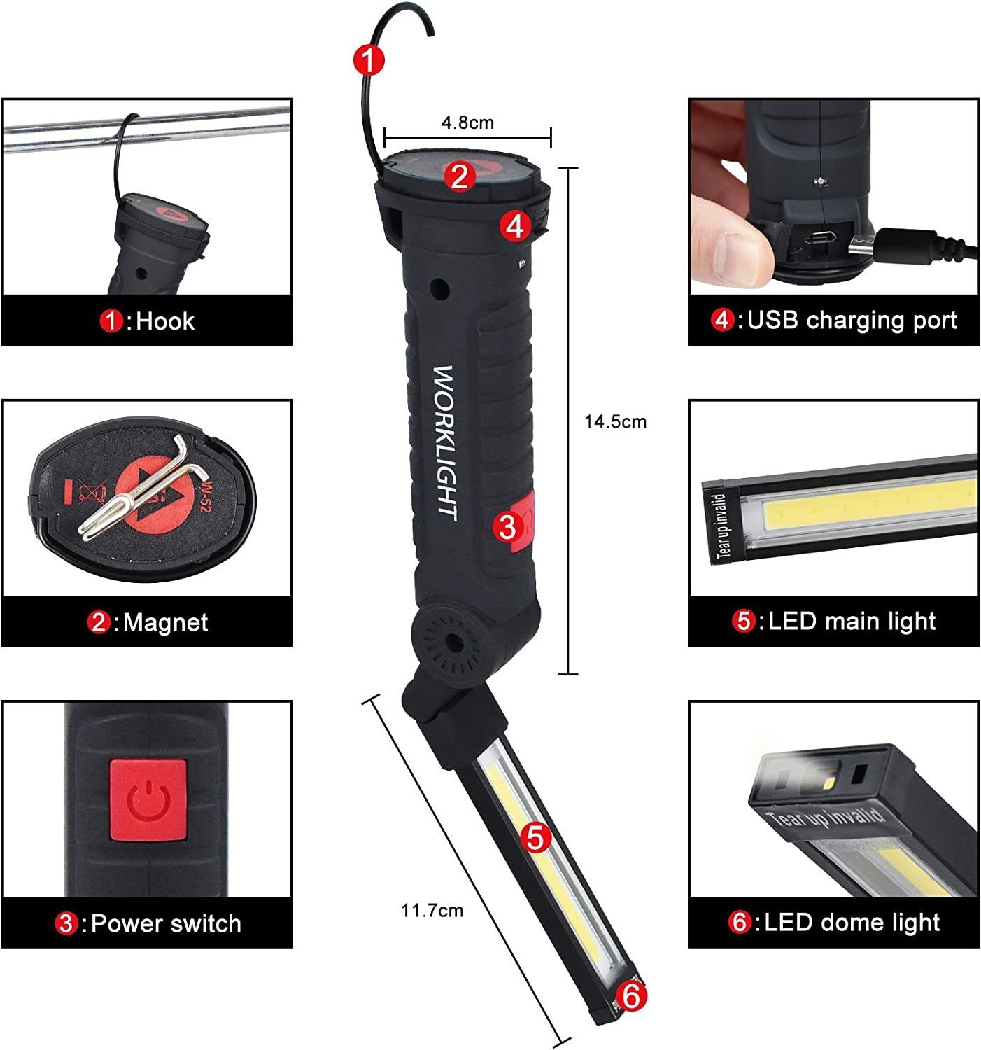 Taschenlampe Beleuchtungsmodi,USB Camping Werkstatt Arbeitsleuchte Handlampe, Haken LED für LED 5 mit Notfall Wiederaufladbar, Arbeitsleuchte Auto Werkstattlampe Reparatur Magnet und Bedee