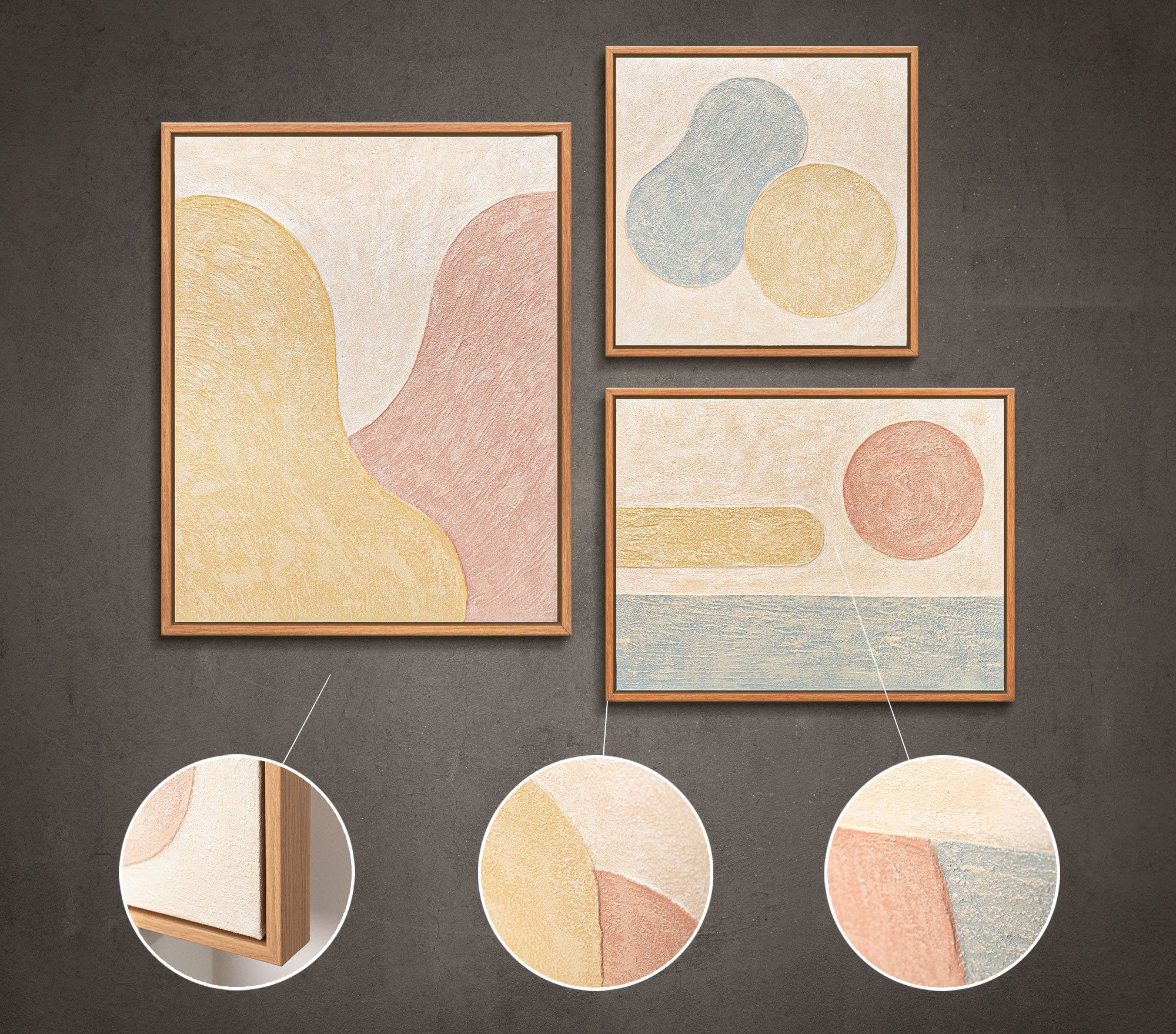 YS-Art Gemälde Verschmelzung der Farbtöne, (Set, 3 St), Bilder Set mit Rahmen - Wandbilder Set Modern Abstrakt Beige