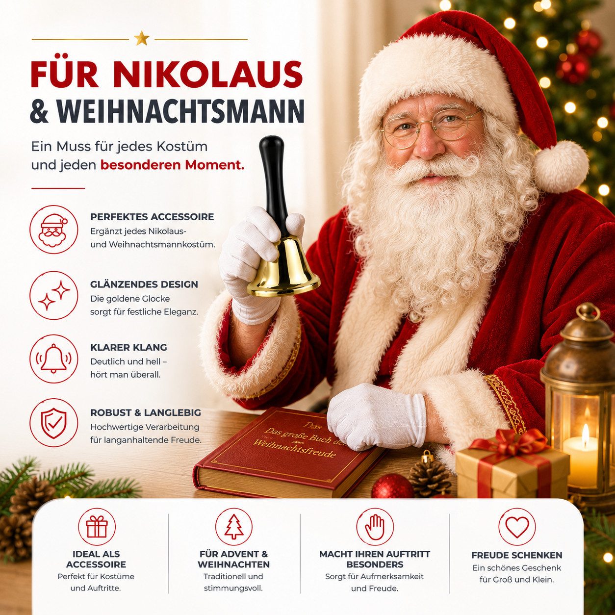 happymas Glocke Goldfarbene Nikolausglocke aus Metall mit Griff,Packung, 1-St. – Bild 4 von 5