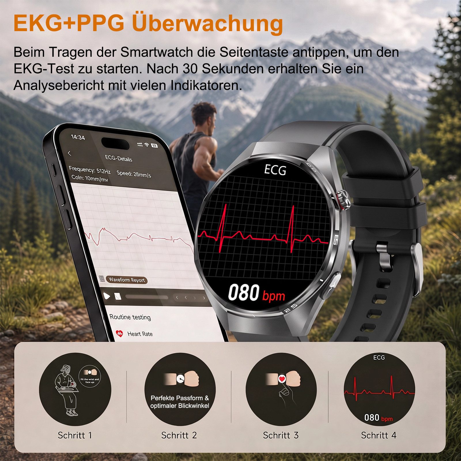 SWGOTA Smartwatch Herren Damen mit AI-Gesundheitsanalyse/EKG+PPG/HRV/BMI/SpO₂ Smartwatch 1,43"AMOLED Fitness Tracker mit 1000mAh,MET-Messung,Pulsuhr,Βlutdruck, 24 Std. Schlafüberwachung,Körpertemperatur,100+Sportmodi Fitnessuhr