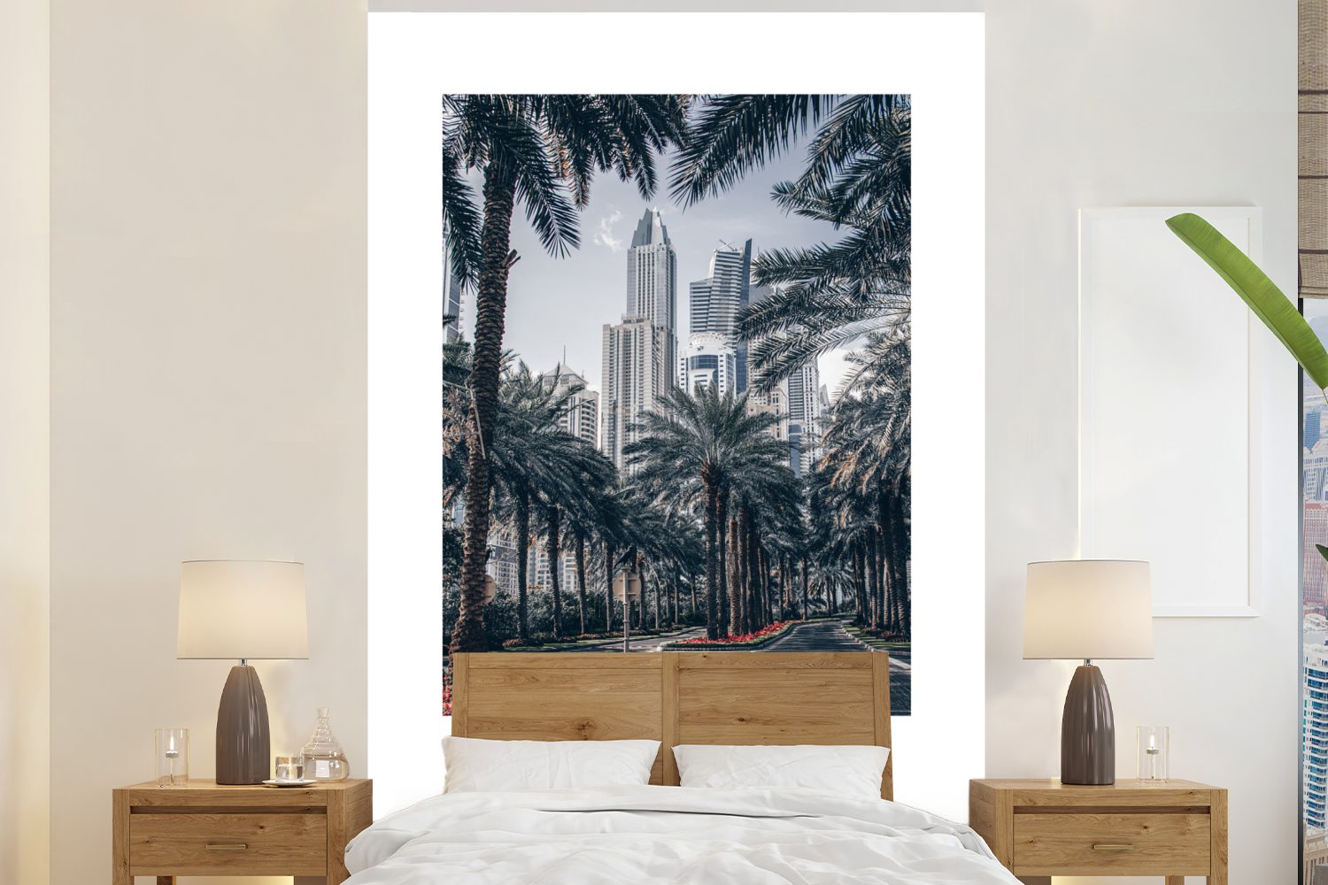 MuchoWow Fototapete Dubai - Palme - Architektur, Matt, bedruckt, (3 St), Montagefertig Vinyl Tapete für Wohnzimmer, Wandtapete