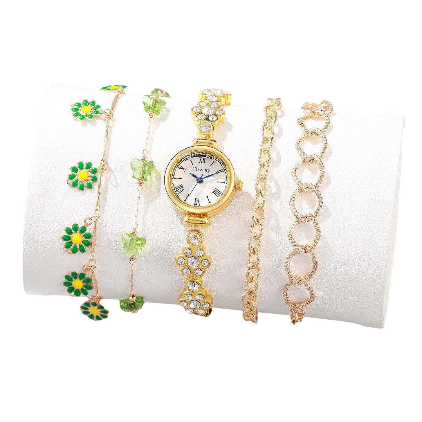 ibettertec Quarzuhr Damen Geschenk, Uhrenset, Damenarmband, kleine Gänseblümchen, (Die neuesten Modelle für 2024, Geschenksets für Damen, Quarzuhren und 4 Armbänder in verschiedenen Stilen, Modeaccessoires, können mit verschiedenen Kleidungsstilen und Taschensets kombiniert werden., Muttertagsgeschenke, Weihnachtsgeschenke, Valentinstagsgeschenke), High-End-Geschenkbox-Verpackung,kann direkt versendet werden