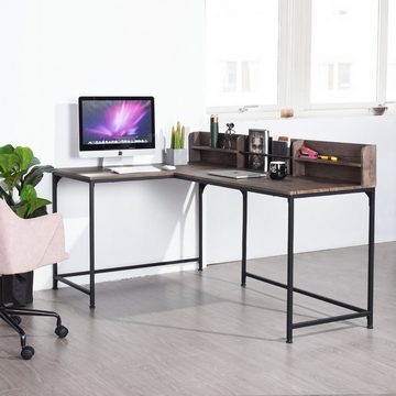 Powerwill Eckschreibtisch Computertisch,L-förmig,mit Regal,165 x 110 x 75cm, hellbraun+schwarz