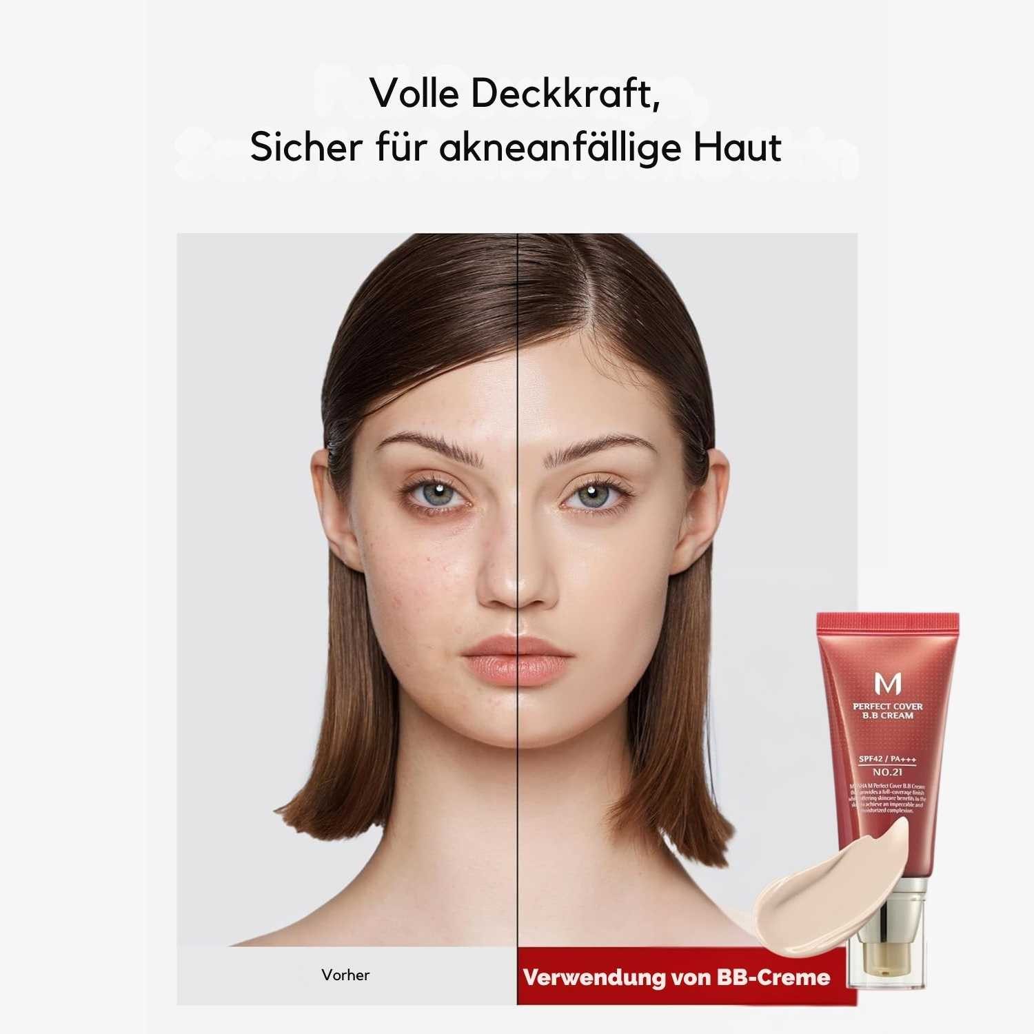 Missha BB-Creme M Perfect Cover BB Cream No.21 Light Beige 50 ml – Hohe Deckkraft, natürliche Anpassung, Pflege & UV-Schutz SPF42 – Für empfindliche Hauttypen, – Mit Hyaluron, Squalane, Arbutin & Pflanzenextrakten