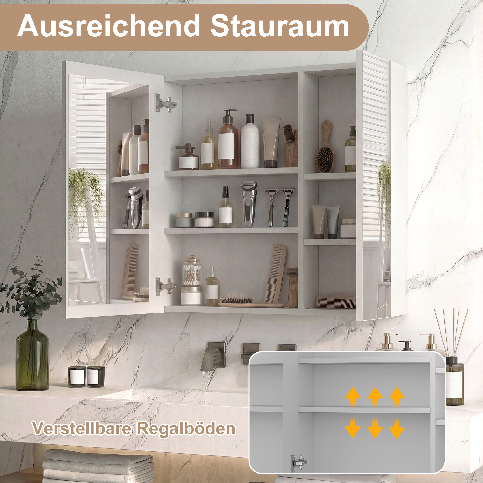 Simurq Spiegelschrank Bad mit Beleuchtung und offene Regal, Anti-Beschlag, 1 Türen (Badschrank mit Spiegel & verstellbare Ablagen) Badezimmerspiegelschrank Hängeschrank
