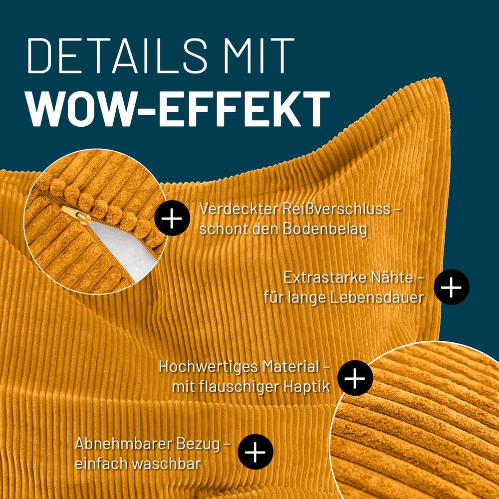 Lumaland Sitzsack itzsack Indoor Cord 380l senfgelb, kuscheliger Cord-Bezug - perfekt fürs moderne Zuhause – Bild 4 von 5