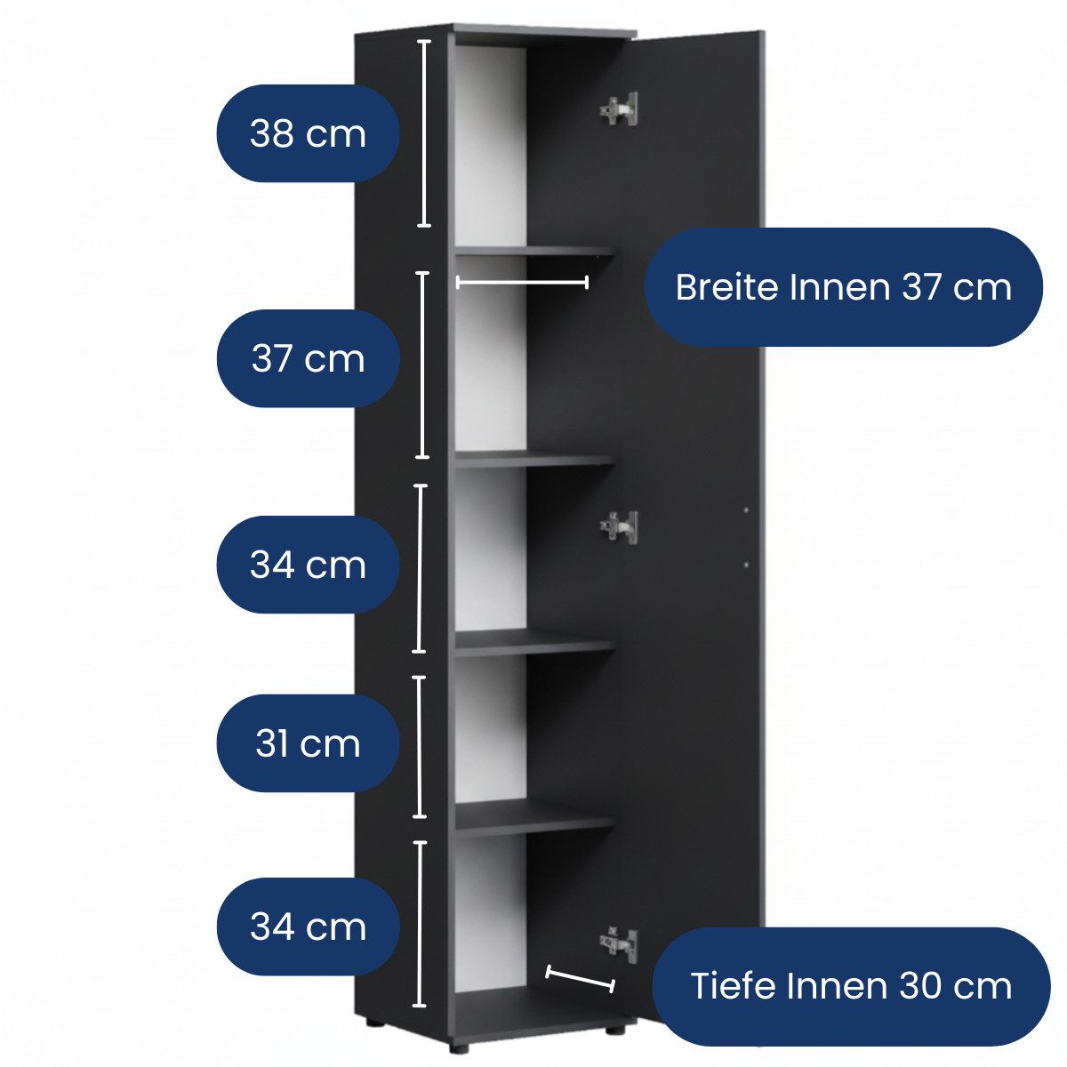 Home Collective Mehrzweckschrank Schmaler Schrank 40 cm breit mit 1 Tür & 4 Einlegeböden (Universalschrank Haushaltsschrank für Haushalt, Flur, Büro oder Schlafzimmer) 40x35x184 cm (BxTxH), Anthrazit