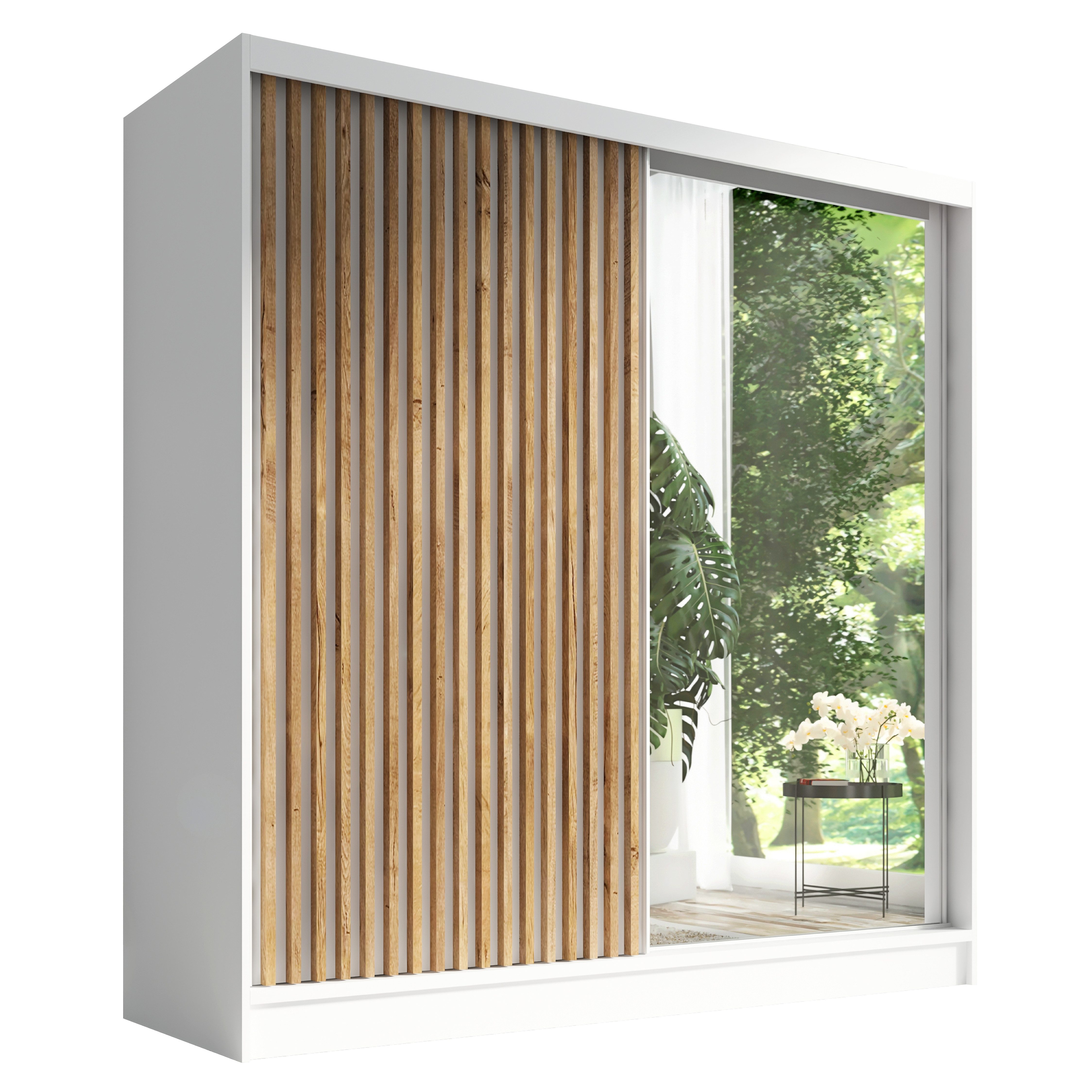 A&J MöbelLand GmbH Schiebetürenschrank LINA mit 3 Schubladen, 3D-Lamellen und Spiegel (TOP ANGEBOT! Geräumiger Schrank mit einer Breite von 200 cm und Spiegel, ideal zur Aufbewahrung von Kleidung und Accessoires. 3 Schubladen und viel Stauraum. TOP PRODUKT! Wählen Sie das ideale Modell für Ihr Schlafzimmer!, Inclusive 3 Schubladen) Breite: 200 cm, Höhe: 215 cm, Tiefe: 59,5 cm