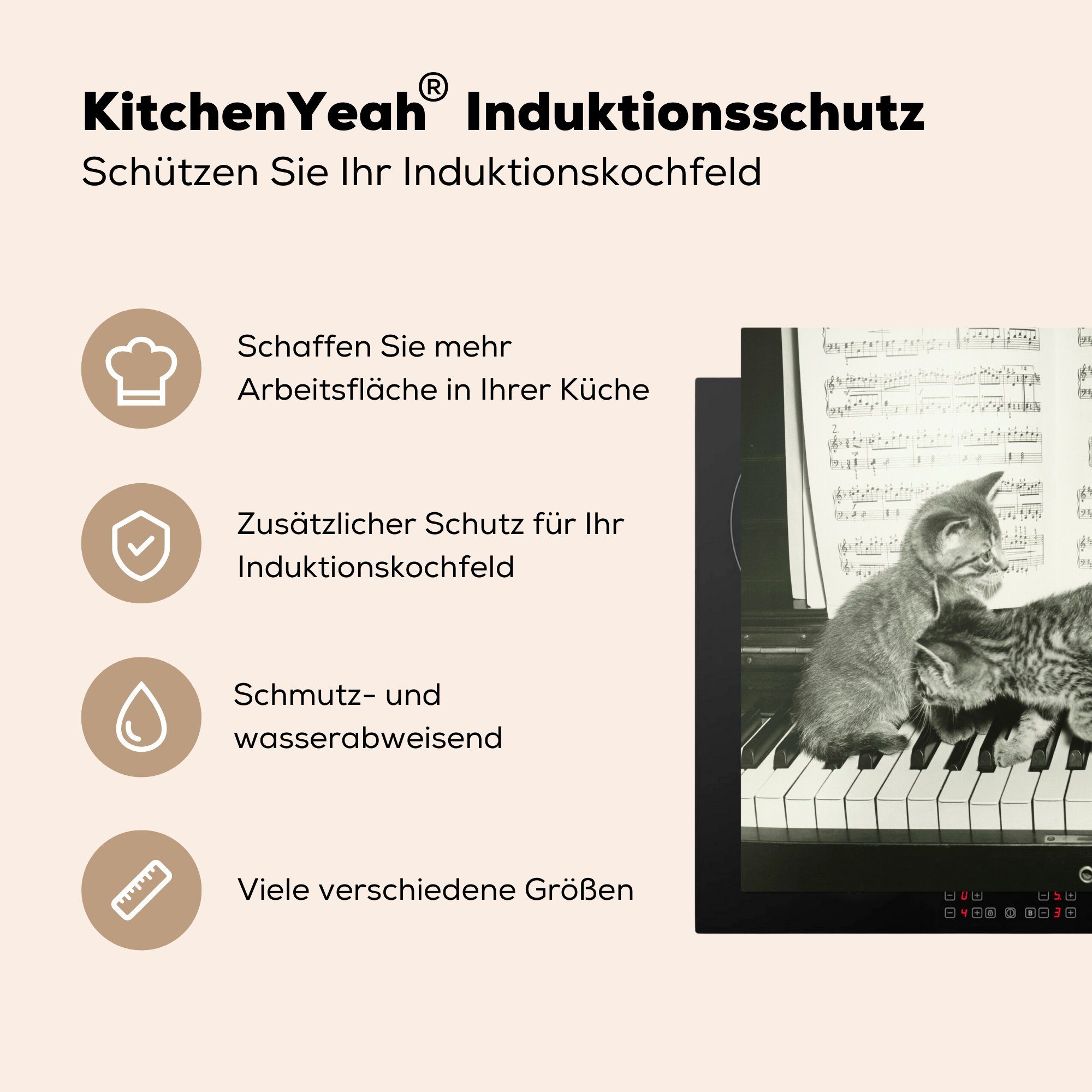 MuchoWow für spielen tlg), die Herdblende-/Abdeckplatte küche, Ceranfeldabdeckung cm, (1 Vinyl, Klavier, Kätzchen 59x52 Induktionsmatte