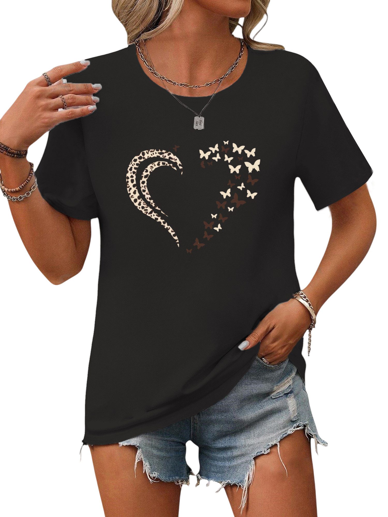 Kurzarmbluse Damen Sommer Casual Kurzarmbluse Locker Liebe Print-Shirt