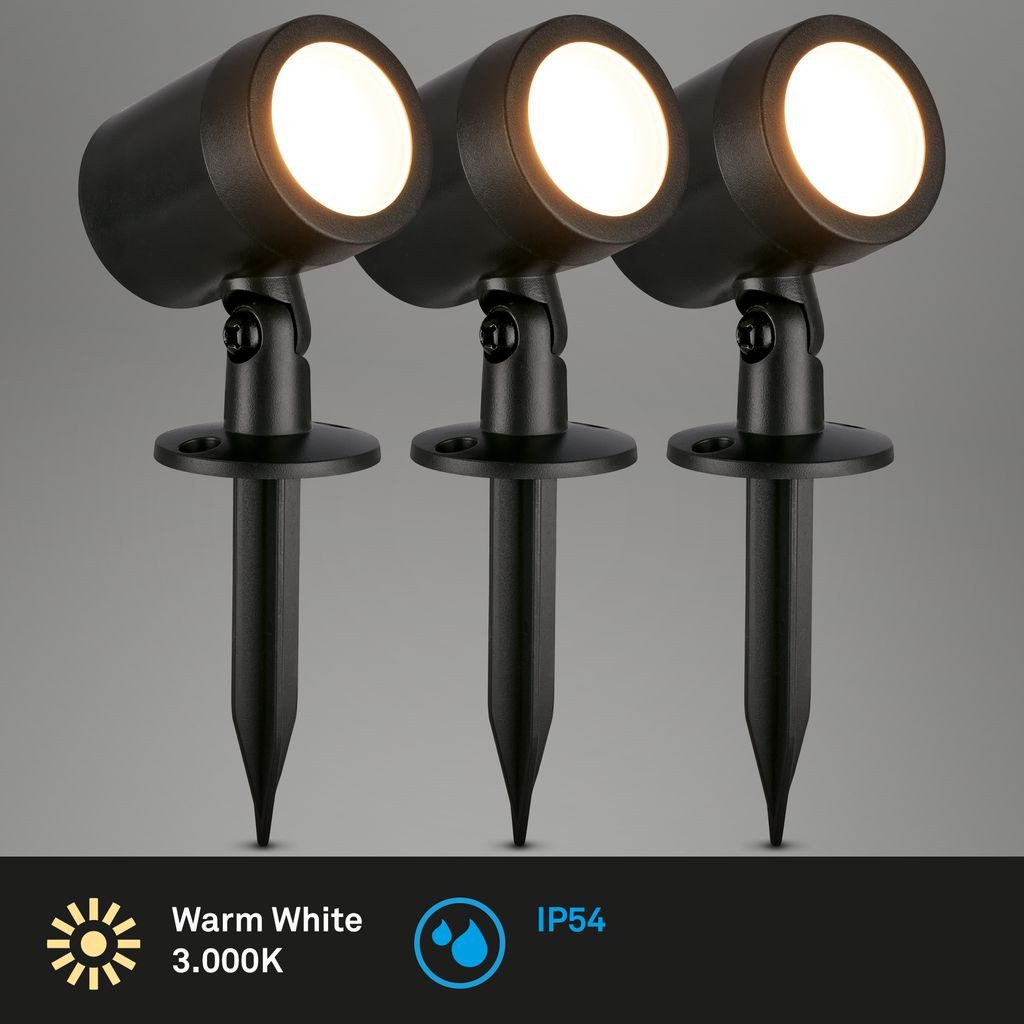 Briloner Leuchten Gartenstrahler 3799035, LED fest integriert, 2700K - Extra-Warmweiß, 3er Set LED Strahler Außen 18x5 cm Schwarz 1,5W Wegleuchte Beet Baum