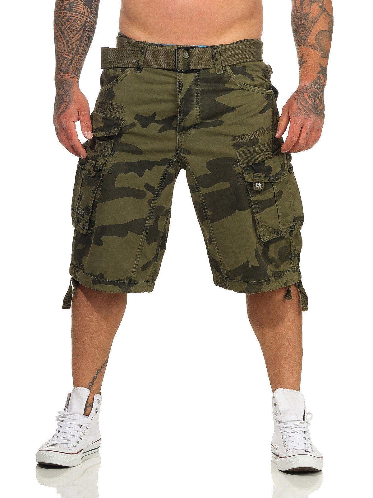 PANORAMIQUE Herren camouflage unifarben Shorts kurze abnehmbarem / Shorts, (mit Geographical kaki Cargoshorts Hose, Gürtel) Norway