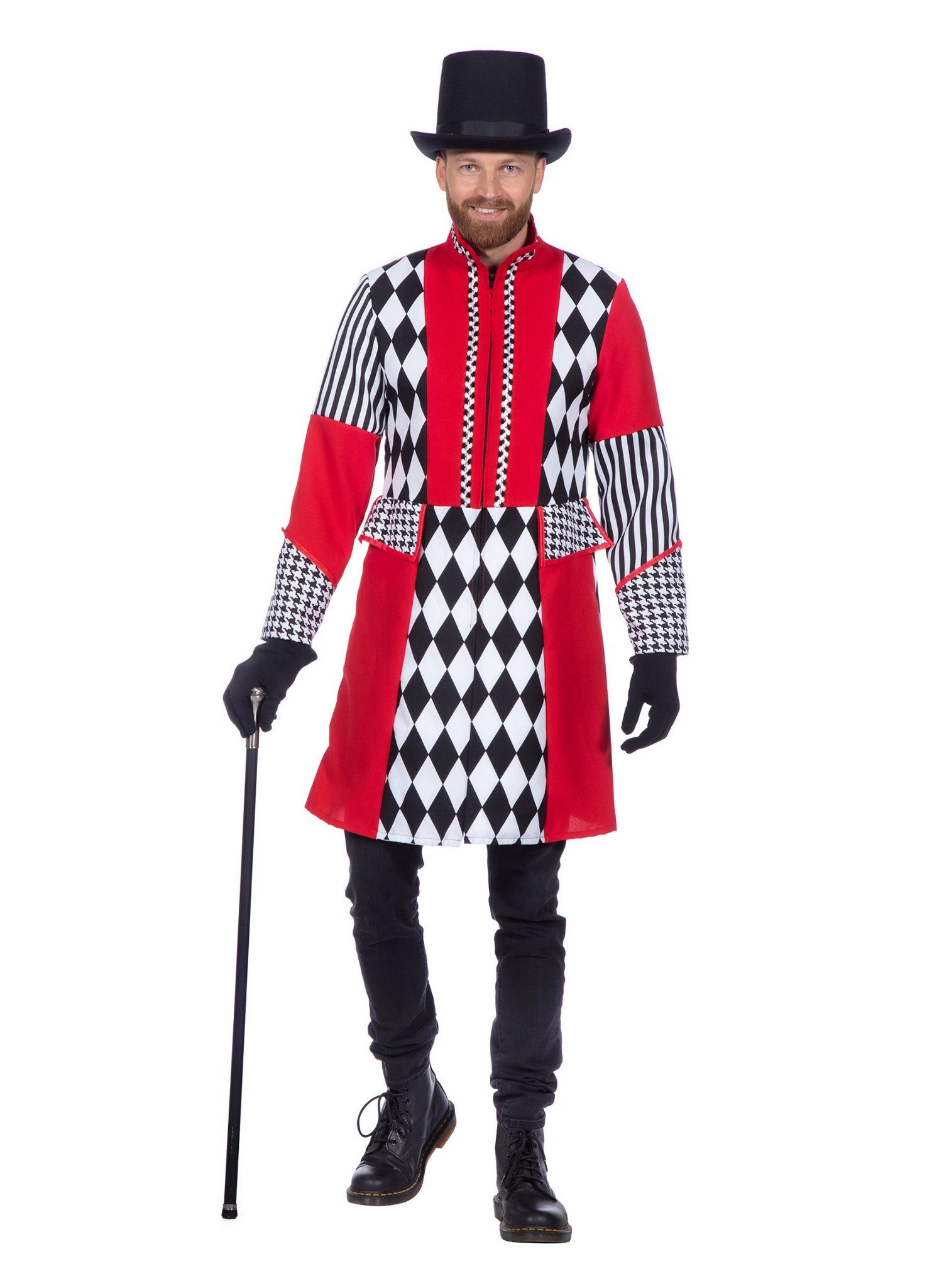 Metamorph König-Kostüm Harlekin Jacke schwarz-weiß-rot, Herrenmantel für Zirkus, Clowns und Karneval