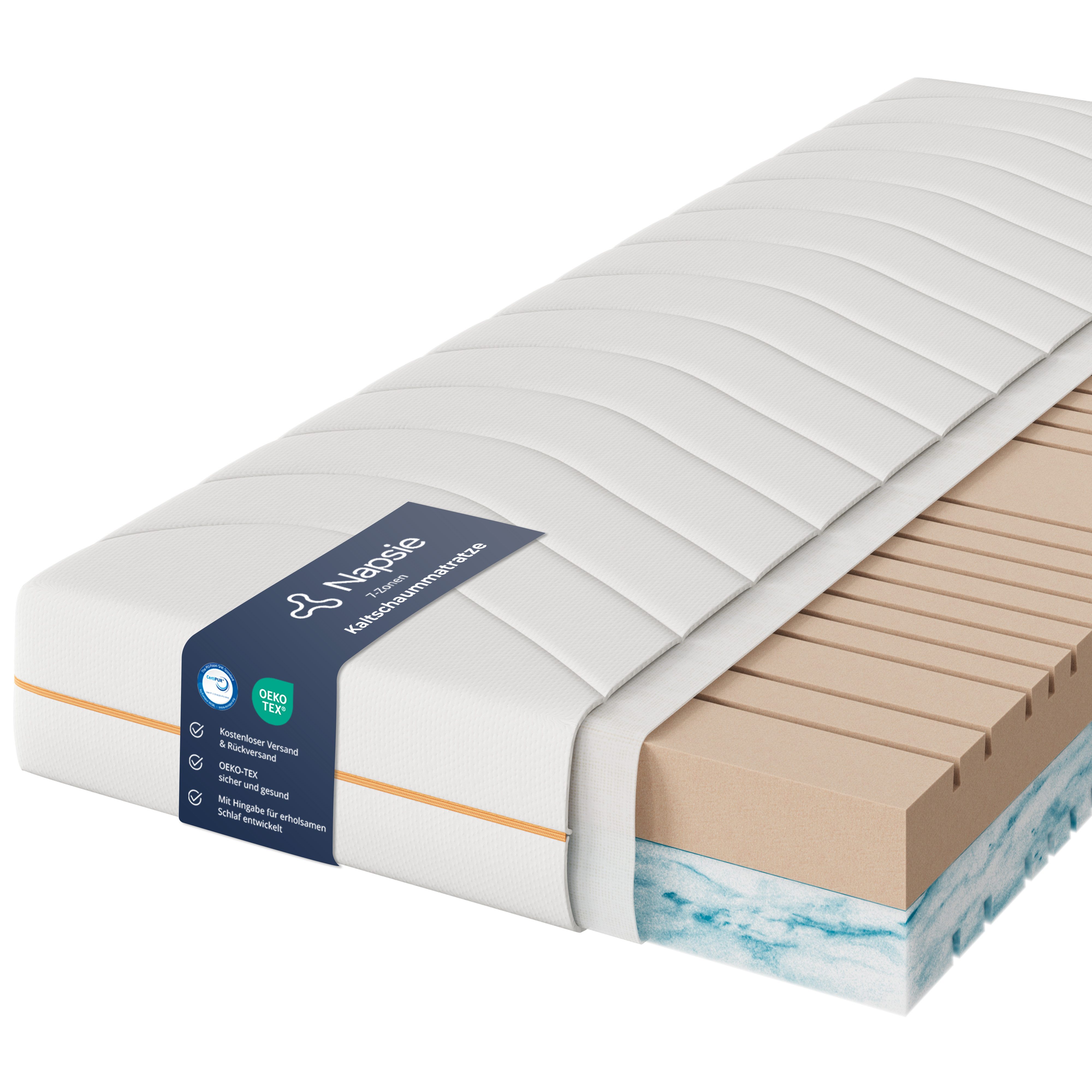 Kaltschaummatratze 7-Zonen Rollmatratze mit waschbarem Bezug, 12 / 16 / 18 / 22 cm Höhe, Napsie, Dual-Core Matratze mit wählbaren Härtegraden, H2 weich / H3 mittelfest