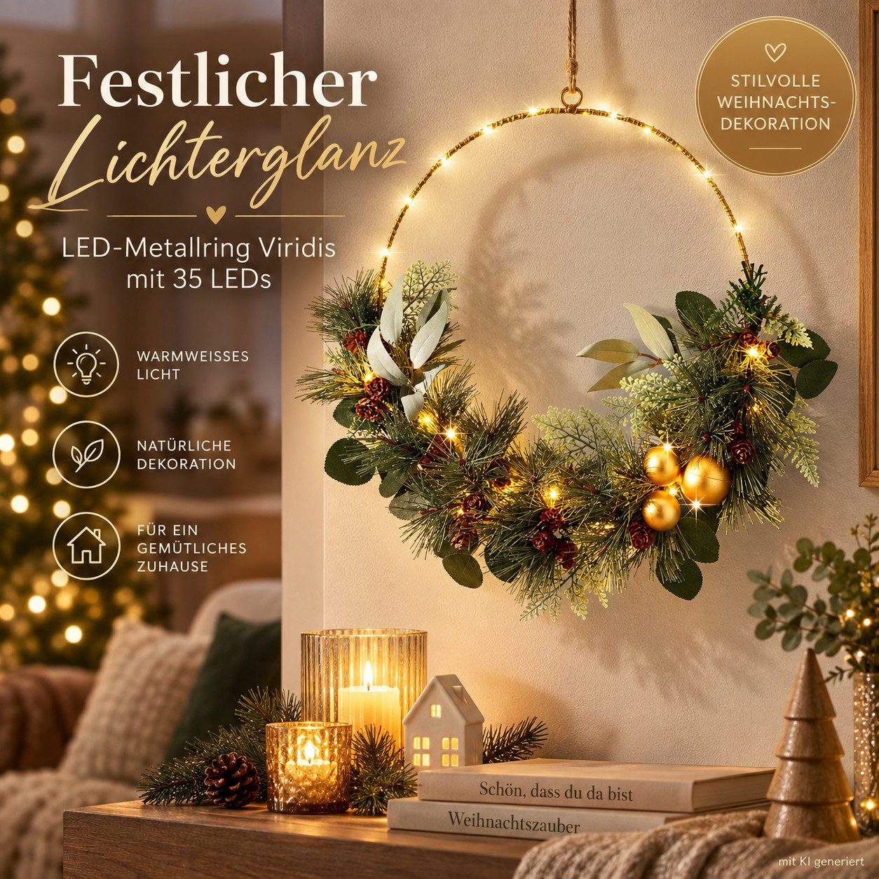 Weltbild LED Dekolicht LED-Metallring Viridis 35 LEDs LED Ring Dekoring Lichtring Dekoration, Lichtdeko Leuchtring Metallring Weihnachtsdeko Adventsdeko