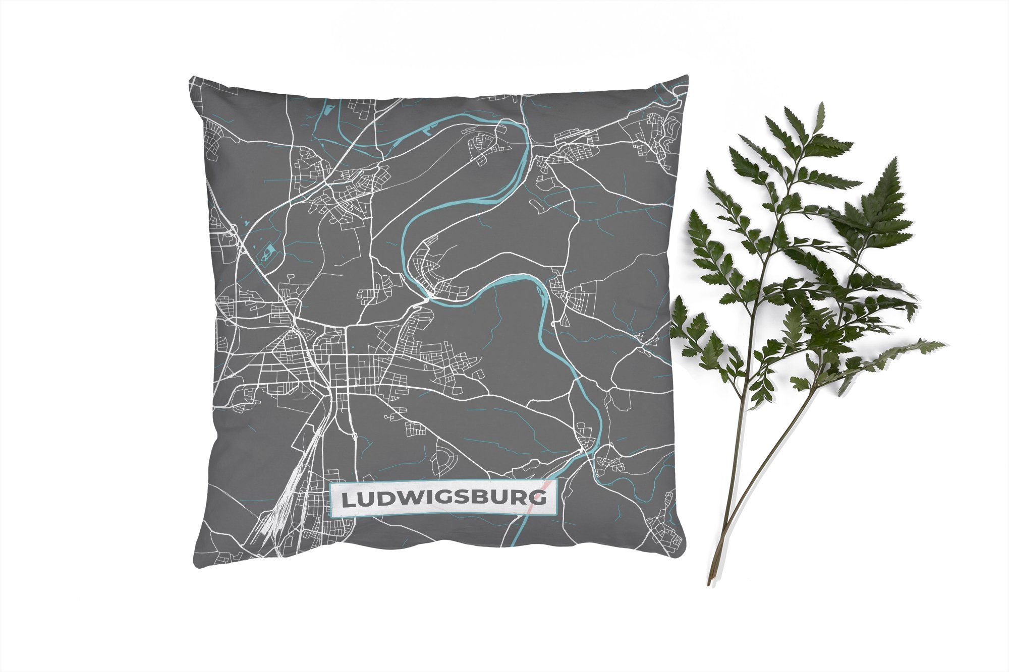 MuchoWow Dekokissen Stadtplan - Ludwigsburg - Deutschland - Karte, Zierkissen mit Füllung für Wohzimmer, Schlafzimmer, Deko, Sofakissen