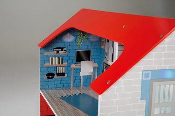 roba® Spielküche 2-in-1, Feuerwehr Holz, mit mehrstöckigem Puppenhaus