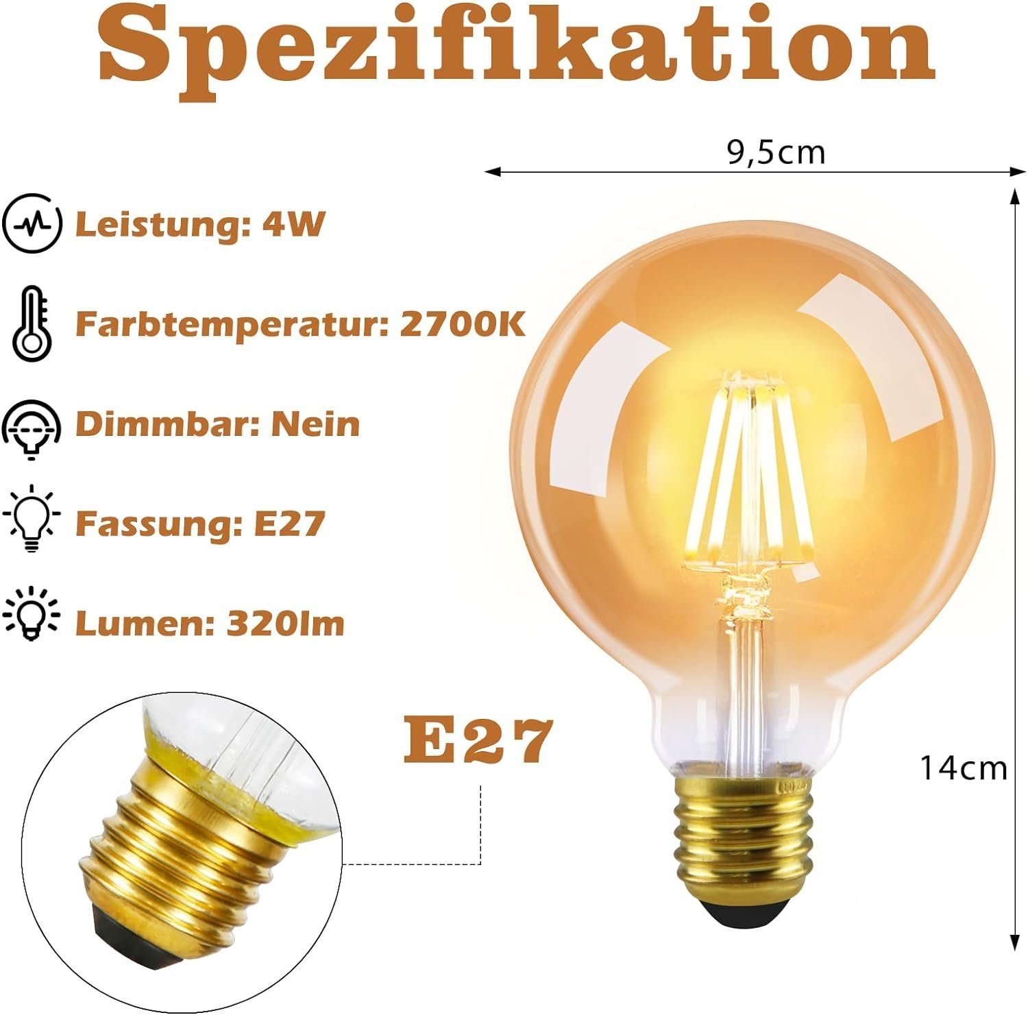 2 Stück Haus Nettlife E27, E27 St., Hotel Warmweiss LED 2 für LED-Leuchtmittel Warmweiß, Glühbirne Filament, Café LampeG95 Bar Vintage