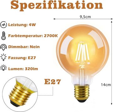 Nettlife LED-Leuchtmittel 2 Stück LED Glühbirne E27 Vintage LampeG95 Warmweiss Filament, E27, 6 St., Warmweiß, für Haus Hotel Café Bar