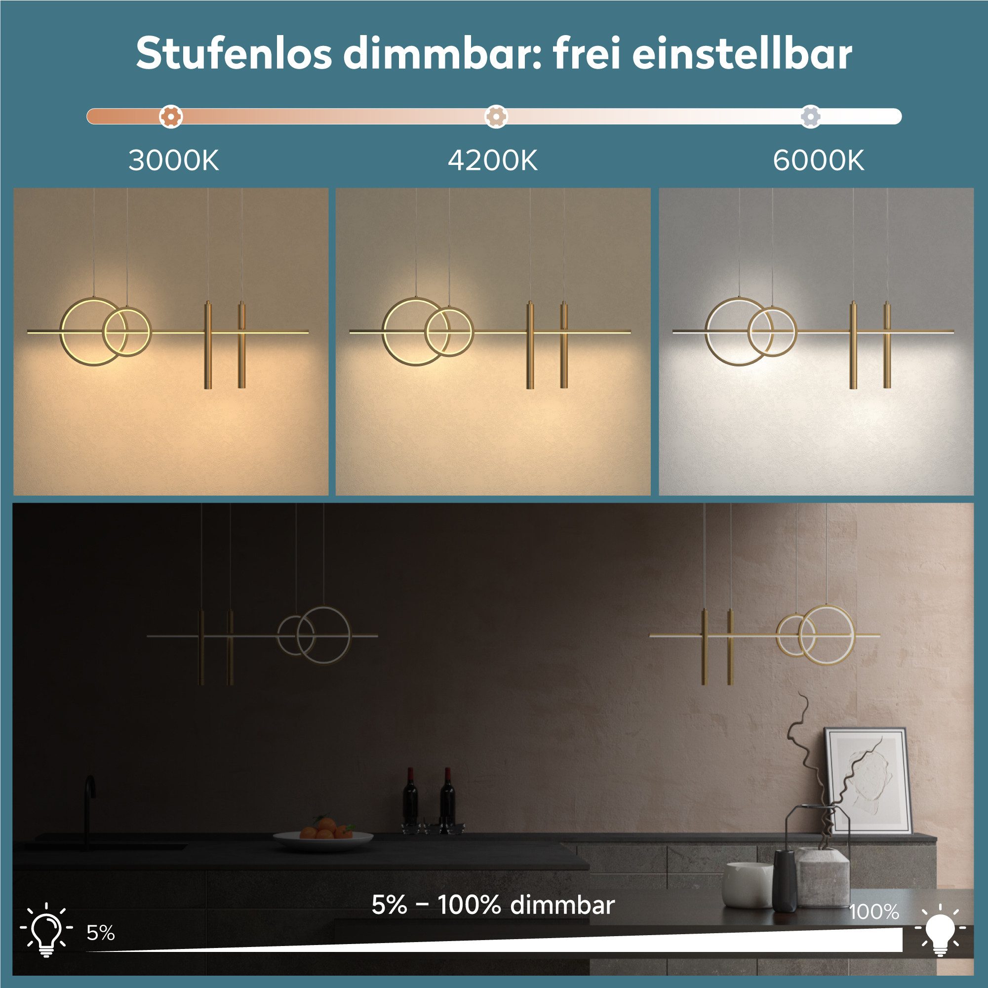doporro LED Pendelleuchte Hängeleuchte LED Höhenverstellbar mit 3 Farbtemperaturen Luvina-09, CRI≥80; LED-Pendelleuchte