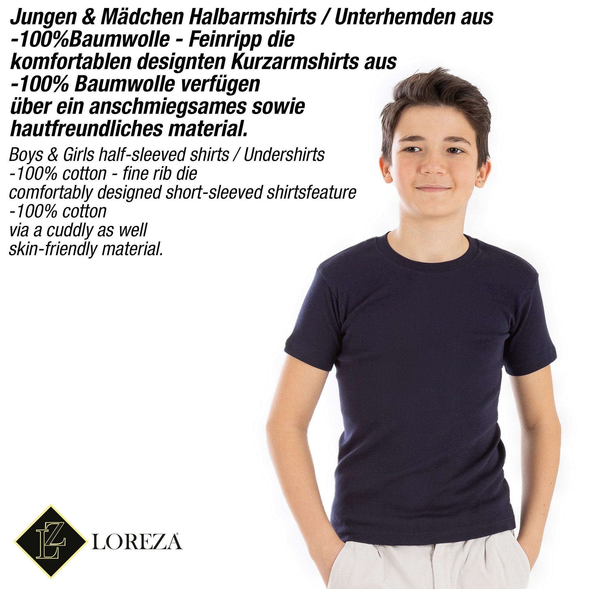 LOREZA Unterhemd 5 Jungen (Spar-Packung, Dunkelblau Baumwolle - Kurzarm Unterhemd T-Shirt Shirt 100% & Mädchen 5-St)