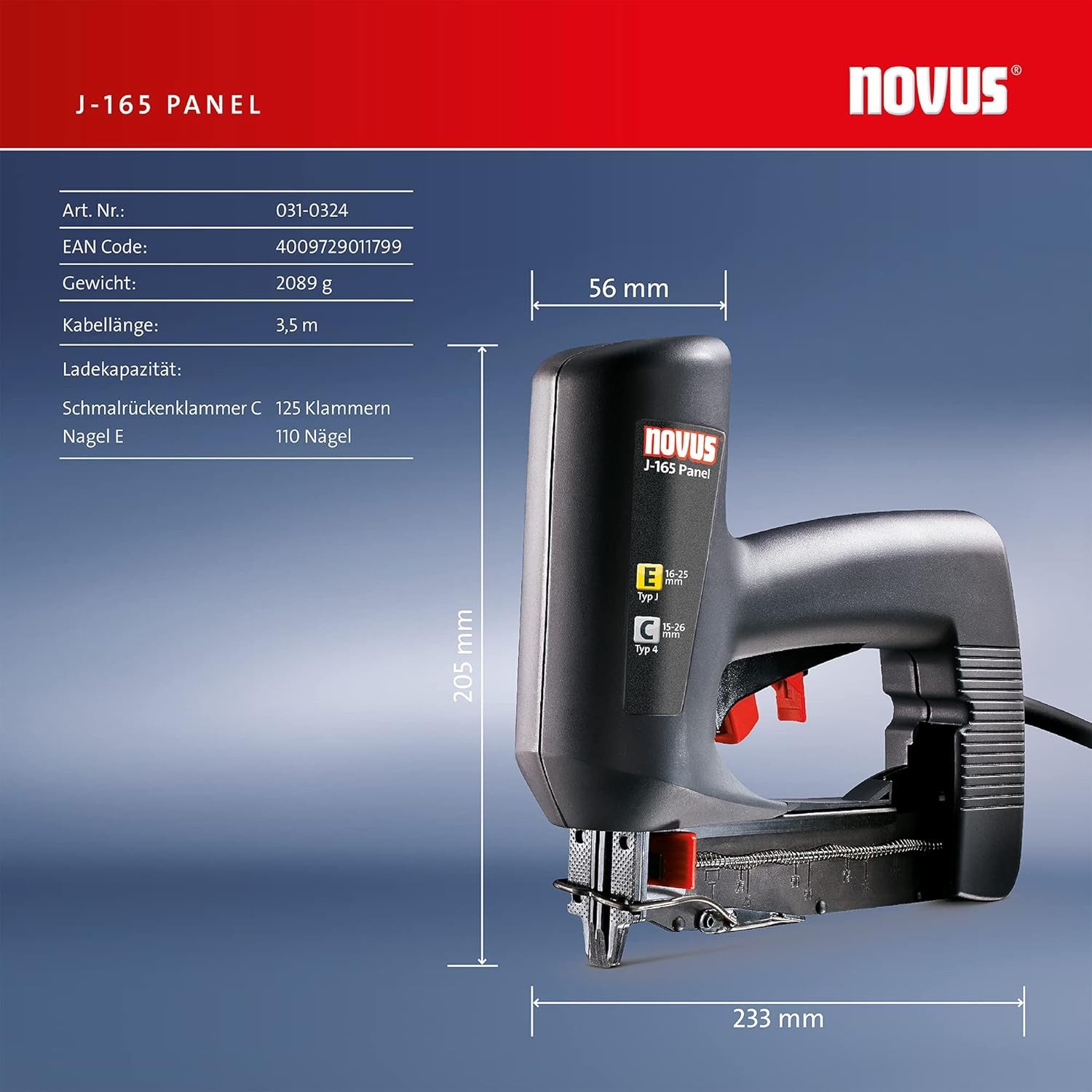 Novus Tools Elektro-Tacker, (J-165 Panel, für 1526 mm Schmalrückenklammern und 1625 mm Nägel), Für Profilholzkrallen & Zierleisten, 031-0324