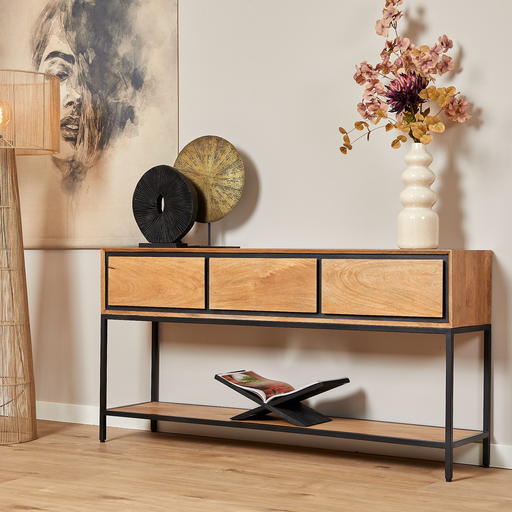 Villa Möbel Sideboard, Massives Mangoholz: 3 Schubladen, großes Ablageregal & Metallgestell