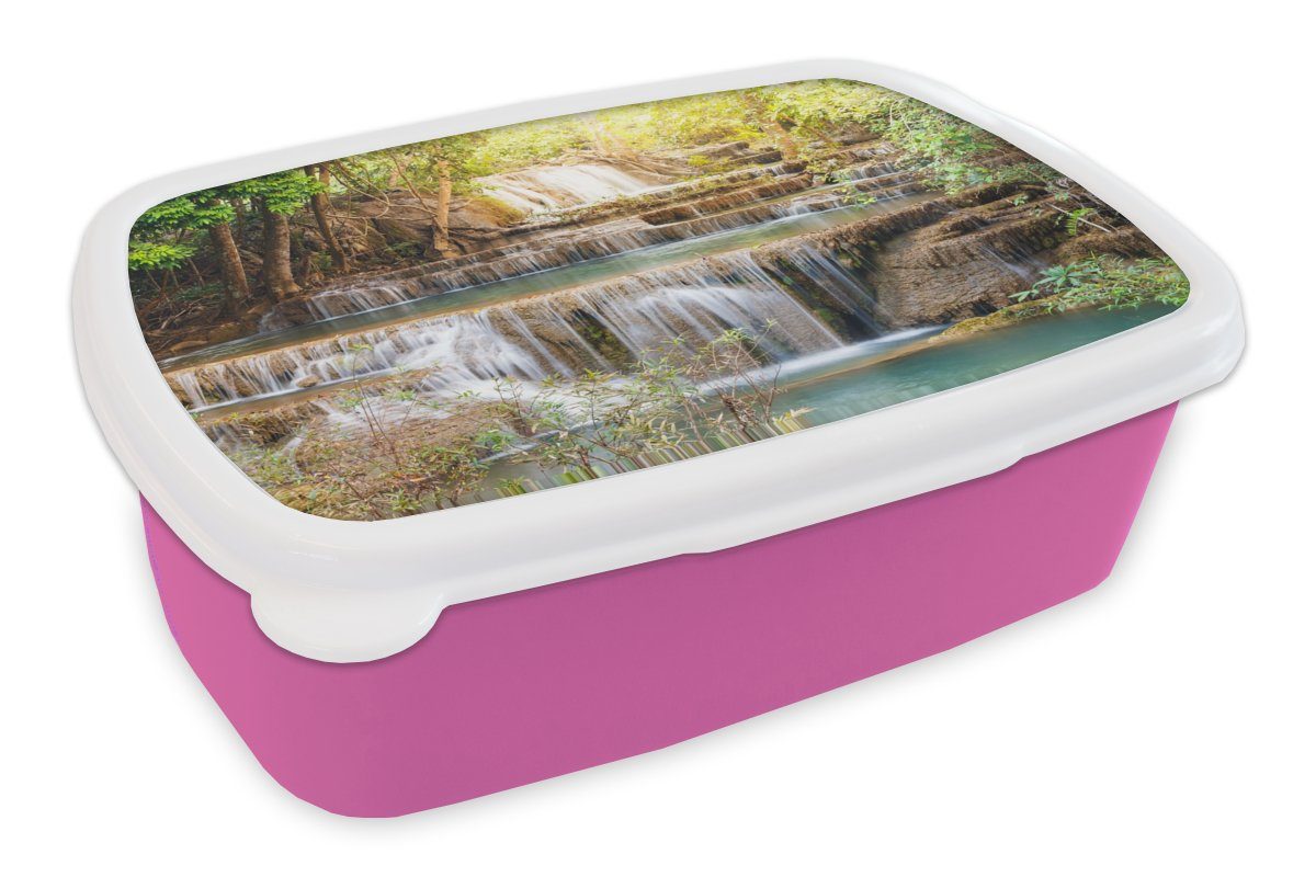 Kunststoff, Kunststoff Brotbox MuchoWow Snackbox, Brotdose Wasserfall - Lunchbox - (2-tlg), Erwachsene, Landschaft, Sonne Mädchen, rosa Kinder, für