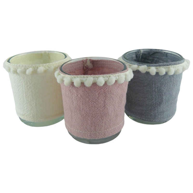 Home Society B.V. Kerzenhalter Boho Kerzenglas mit Stoffbezug Rosa Grau Creme 7,5cm, 6 St.