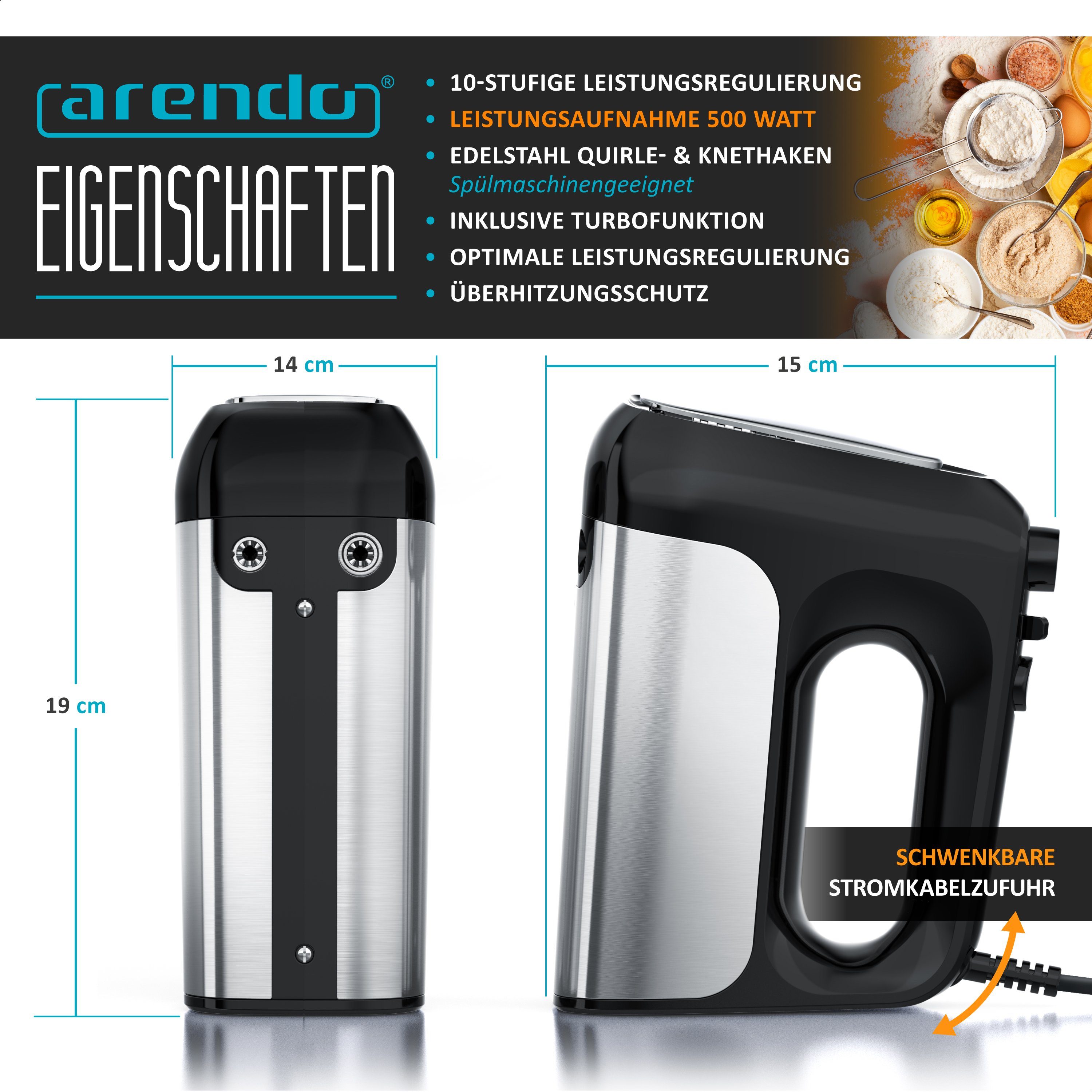 Arendo Handmixer Elektrischer Handrührer inkl. 2 Rührbesen & 2 Knethaken, Handrührgerät, 500 W, Edelstahl, Hakenentriegelung, Turbotaste, Thermosicherung