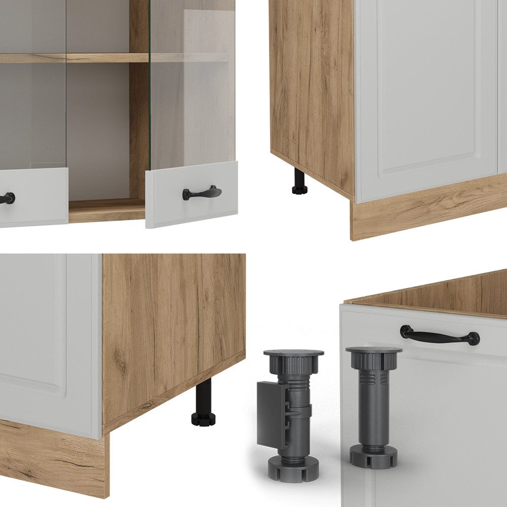 Vicco Küchenzeile R-Line, Weiß Landhaus/Goldkraft Eiche, 300 cm mit Hochschrank, ohn...