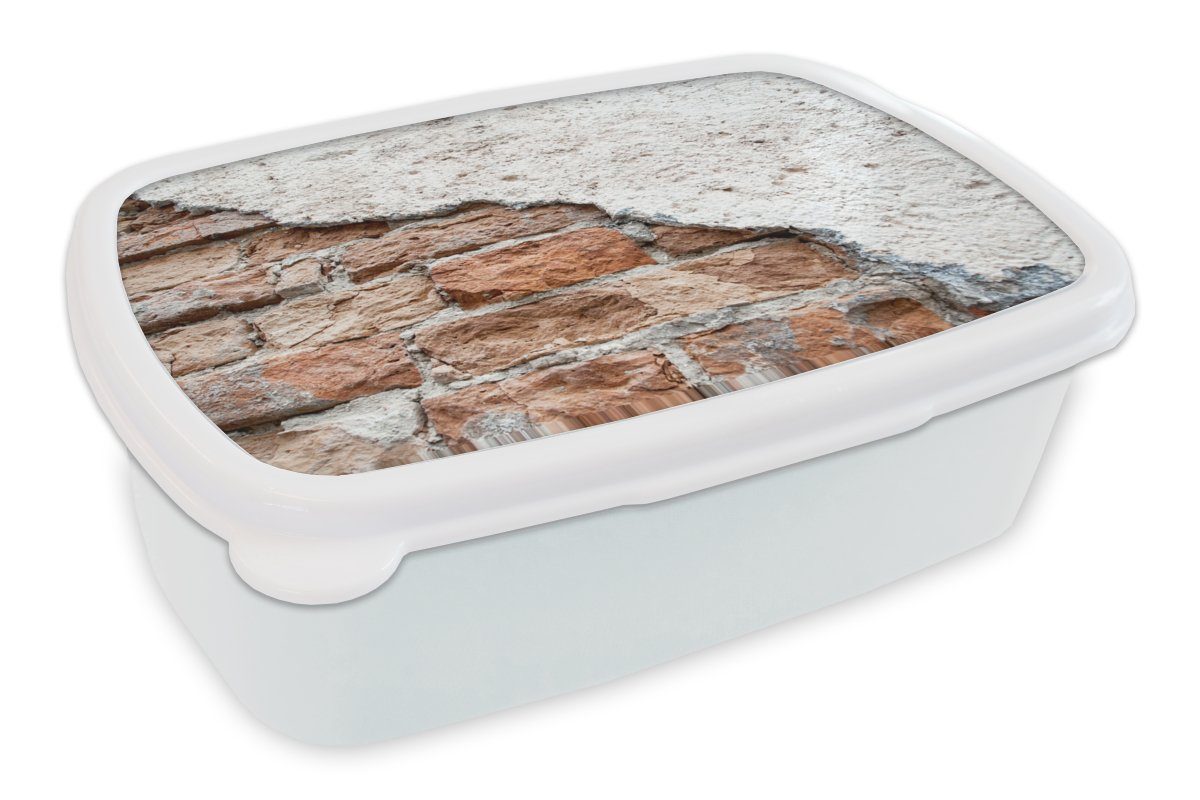MuchoWow Lunchbox Gips - Stein - Mauer - Ziegel, Kunststoff, (2-tlg), Brotbox für Kinder und Erwachsene, Brotdose, für Jungs und Mädchen weiß | Lunchboxen