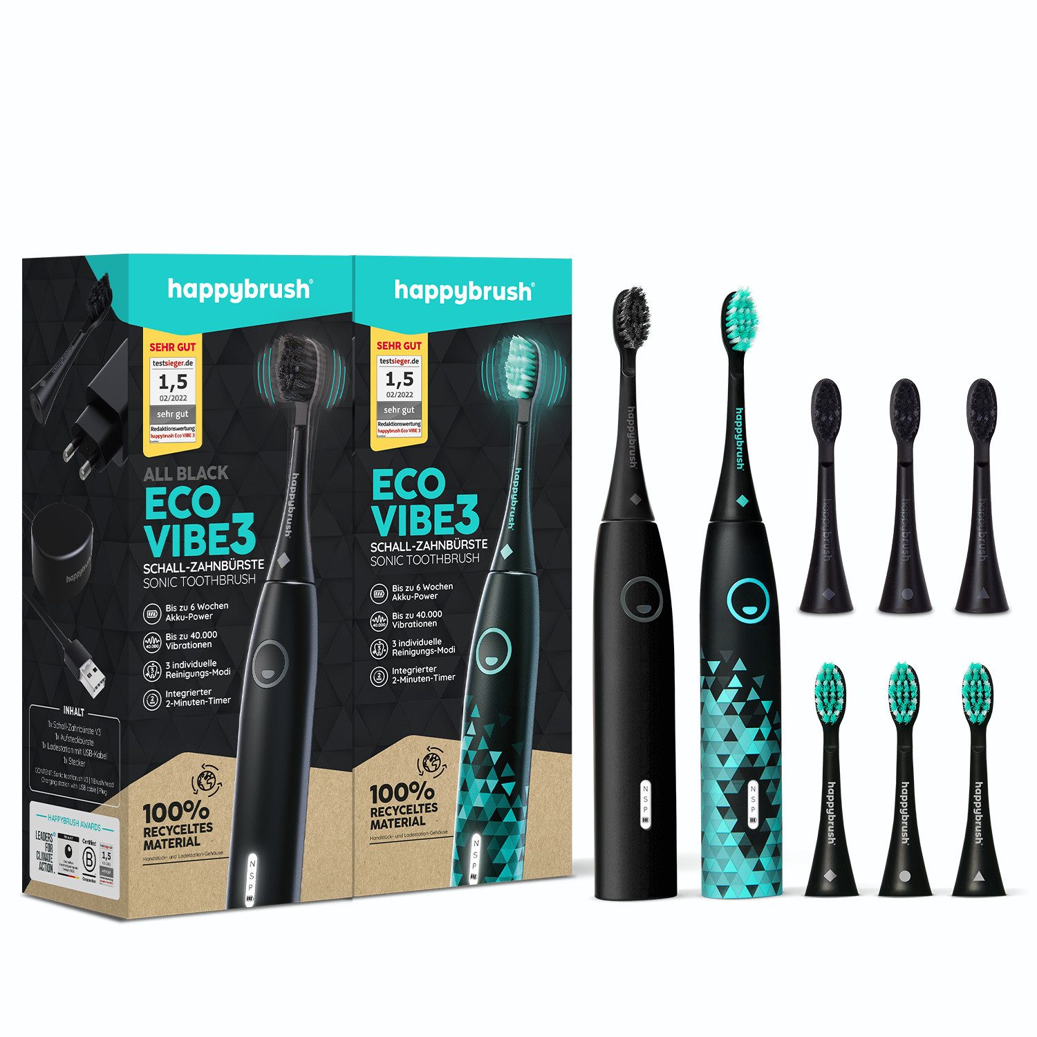 happybrush Schallzahnbürste Eco Vibe 3 Partnerset AllBlack/Black-Mint – TESTSIEGER - 8 Wochen Akku, Aufsteckbürsten: 9 St., Eco Vibe 3, 3 individuelle Putz-Modi, Schalltechnologie