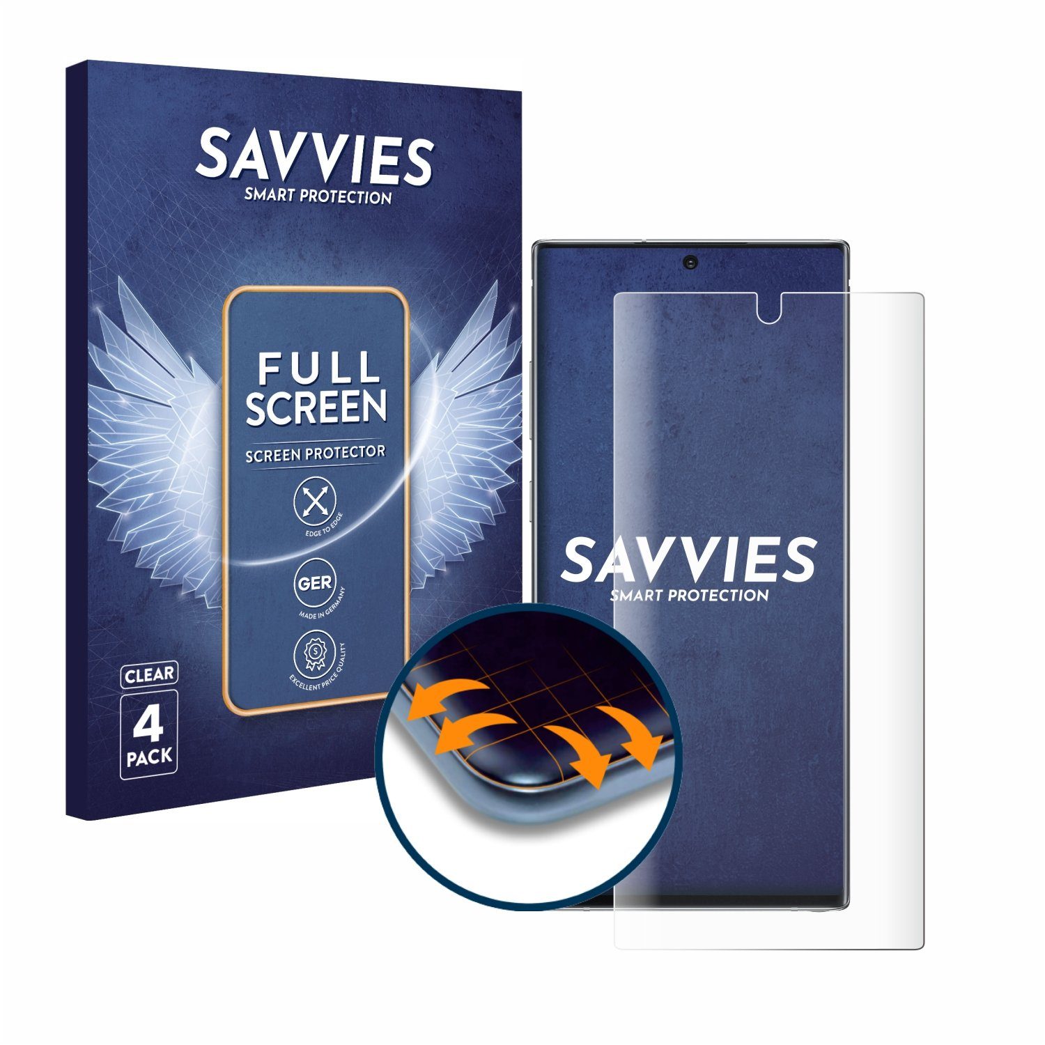 Savvies Displayschutzfolie Fullscreen Schutzfolie für Samsung Galaxy Note 10 Plus, 4 Stück, Displayschutz Folie Fullcover Klar Transparent