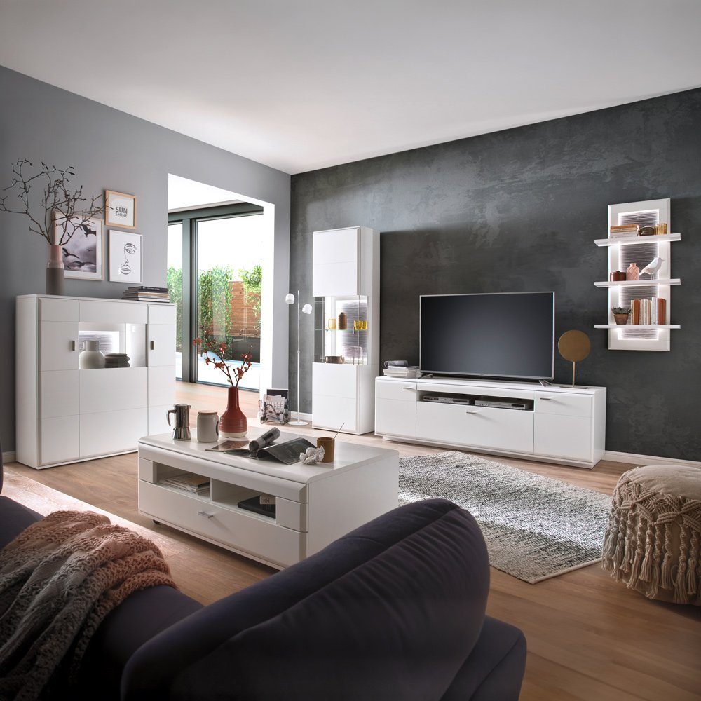 lomadox wohnzimmer-set alia-05, (mega-spar-set, 5-st., 5-tlg), fernsehwand  montiert weiß lowboard highboard vitrine tisch sideboard