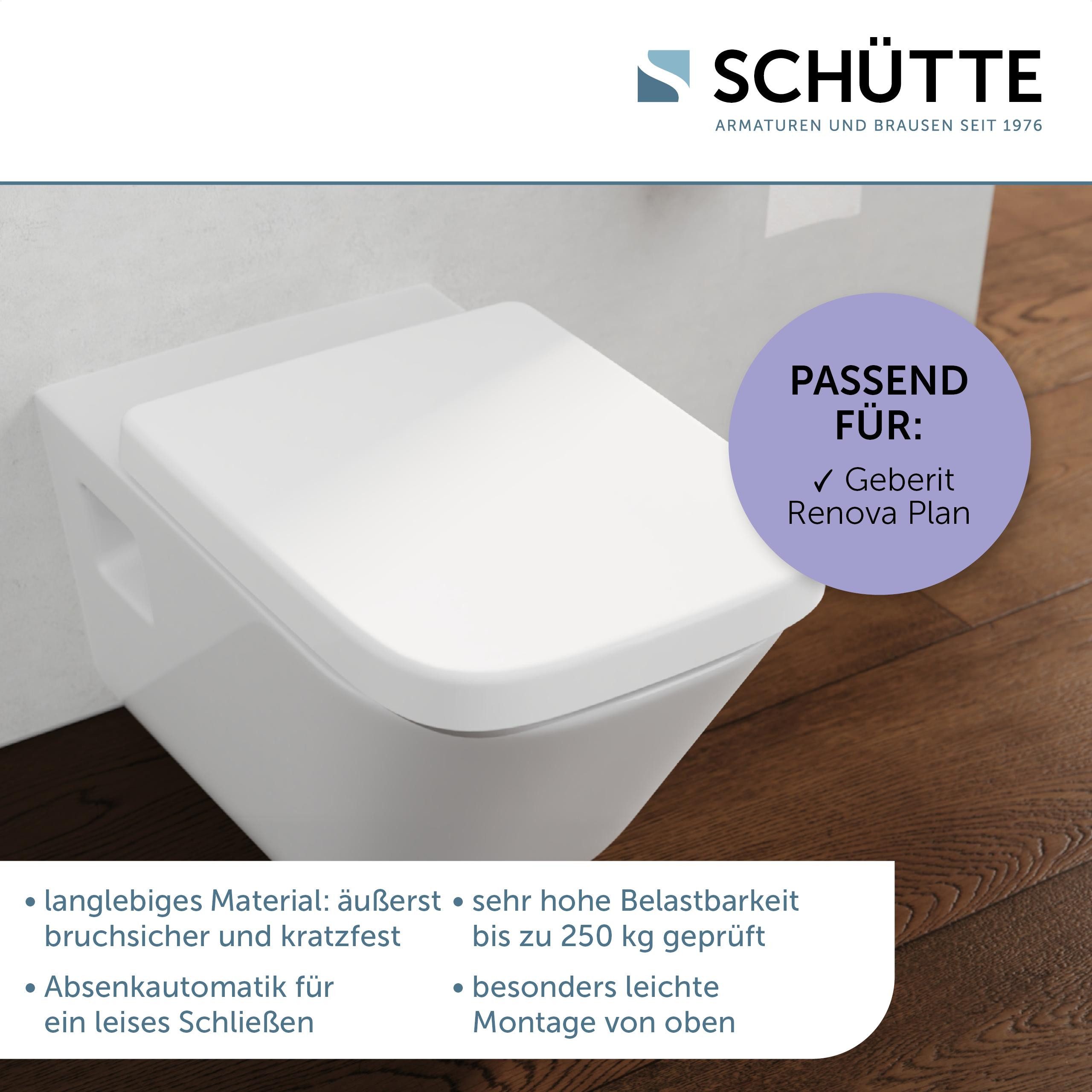 Schütte WC-Sitz Duroplast, WHITE E-Form PRO 4 (WC-Sitz, Befestigungsmaterial, Montageanleitung), mit Absenkautomatik und Schnellverschluss