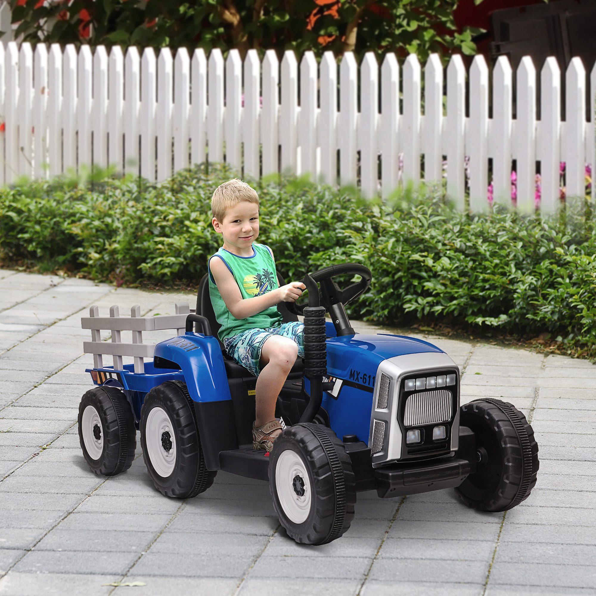 HOMCOM Elektro-Kinderauto Elektrischer Traktor, mit Anhänger, mit Fernbedienung, Belastbarkeit 30 kg, (2-tlg), für 3-6 Jahre Kinder, Blau
