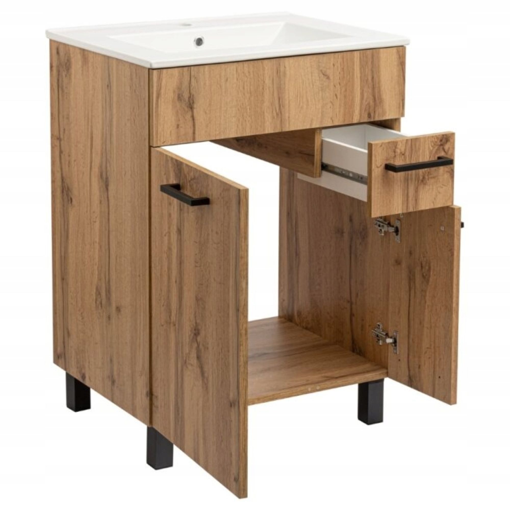 STAMAR Waschbeckenunterschrank Badmöbel Set 60cm Eiche Wotan Unterschrank mit Keramikwaschbecken Schrank mit oder ohne Armatur Siphon 2 Türen Schublade Schwarz Griffe