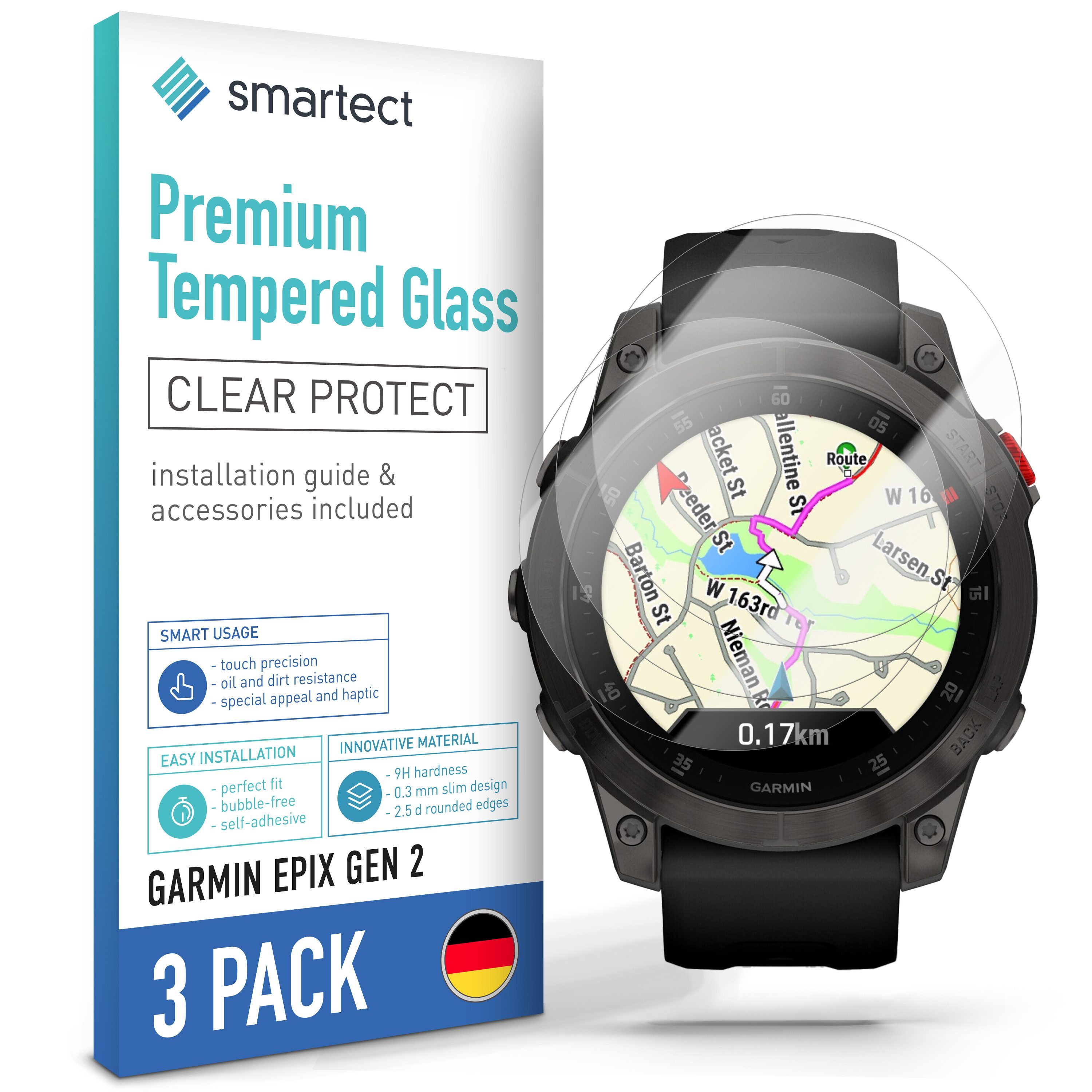 smartect Displayschutzglas Schutzglas Panzerfolie Klar für Garmin Epix Gen 2, Set, 3 Stück, Schutzfolie Glasschutz Bildschirm