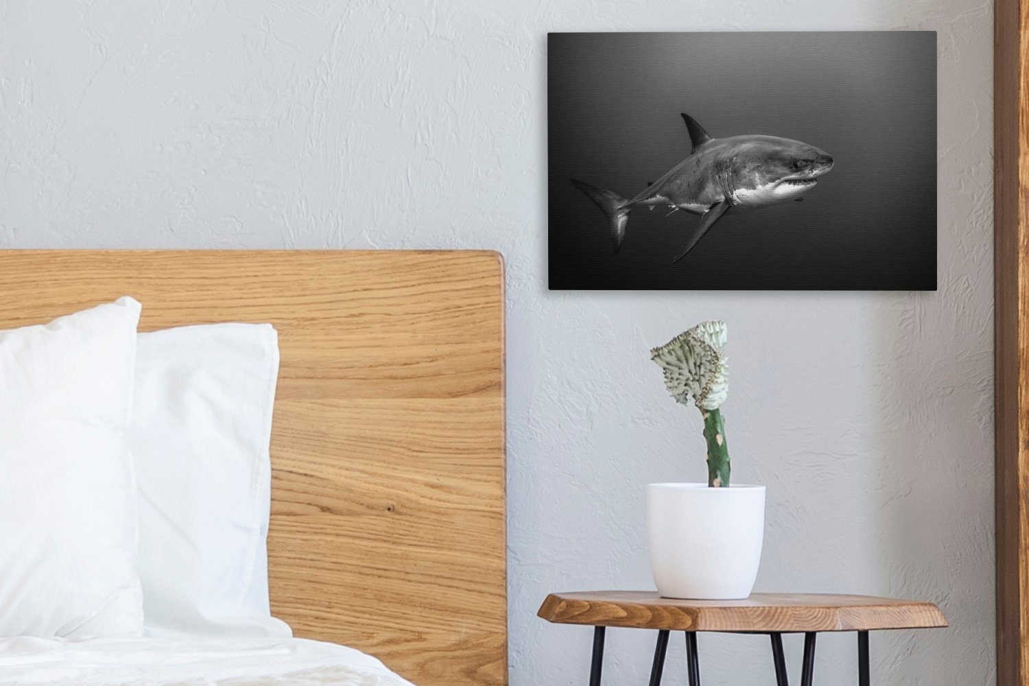 Wanddeko, 30x20 Aufhängefertig, (1 und Leinwandbild weißer großer Leinwandbilder, weiß, Ein - Wasser cm St), Hai dunklem Wandbild OneMillionCanvasses® schwarz in