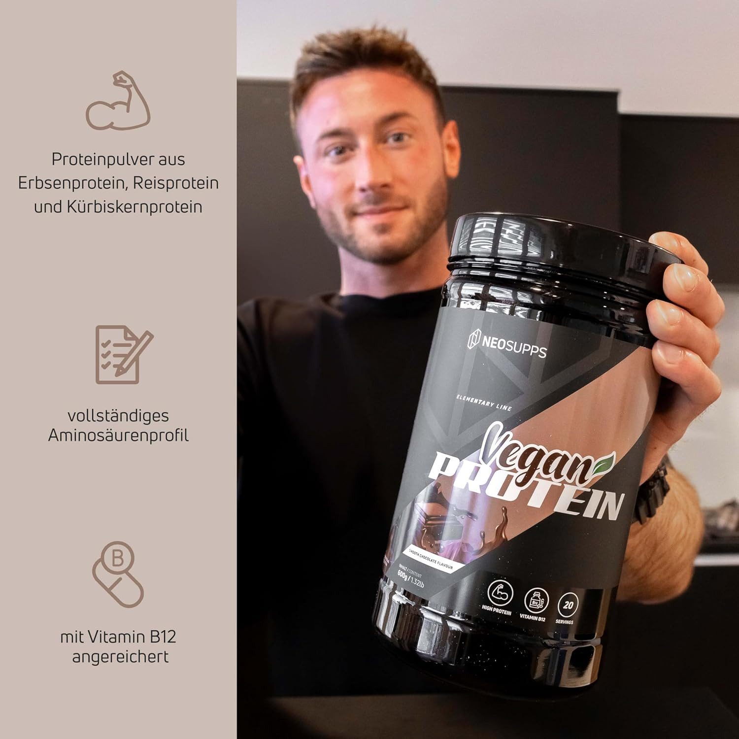 Neosupps Vegan Protein Pulver Smooth Choco 600g, mit Vitamin B12 & zuckerarm Pulver, 600 g, Veganes Proteinpulver aus Erbsen-, Reis- & Kürbiskernprotein