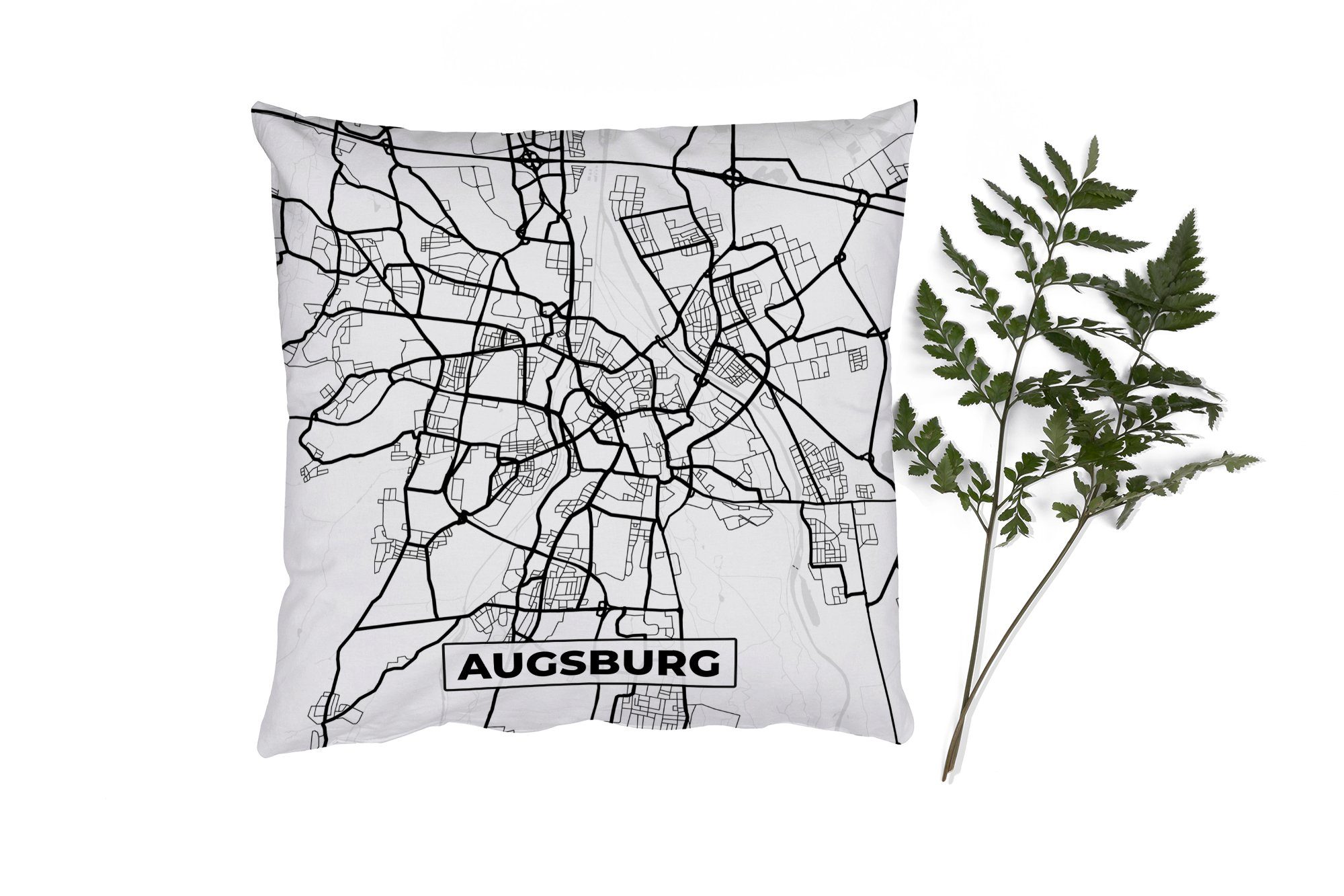 MuchoWow Dekokissen Karte - Augsburg - Stadtplan - Karte, Zierkissen mit Füllung für Wohzimmer, Schlafzimmer, Deko, Sofakissen